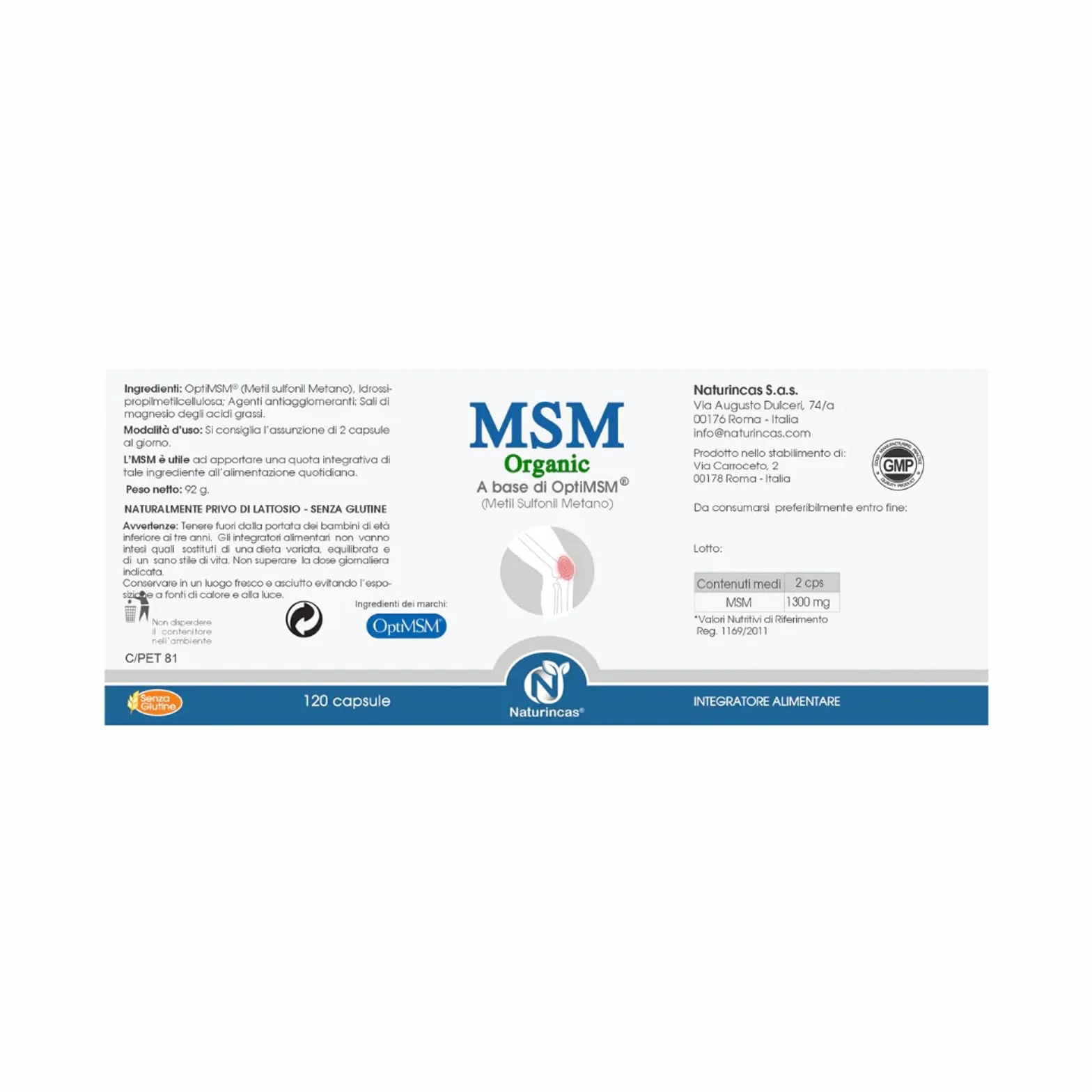 Naturincas MSM Organic Integratore Per Articolazioni e Ossa 120 cps