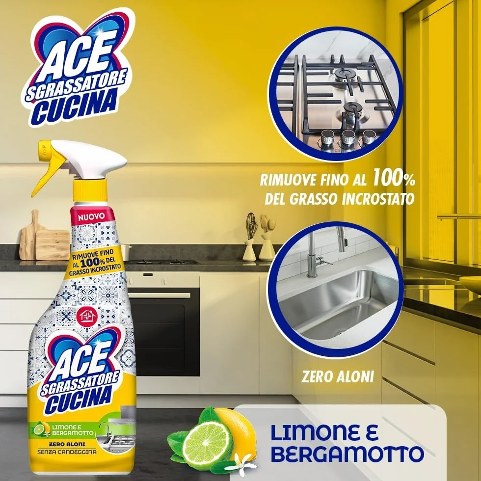 ACE Spray Sgrassatore Universale Cucina 8x600mL Rimuove Grasso Ostinato