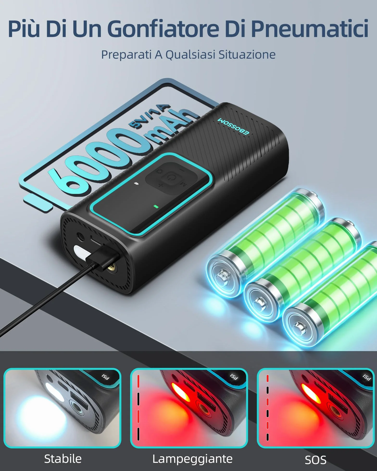 Compressore Aria Portatile 150PSI Gonfiatore Elettrico a Batteria 6000mAh 12V DC con Luce LED e Arresto Automatico