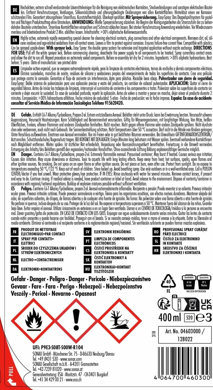SONAX Spray per contatti elettrici (400 ml) pulisce connettori e altre parti elettriche + assicura un eccellente flusso di corrente | Art. N. 04603000