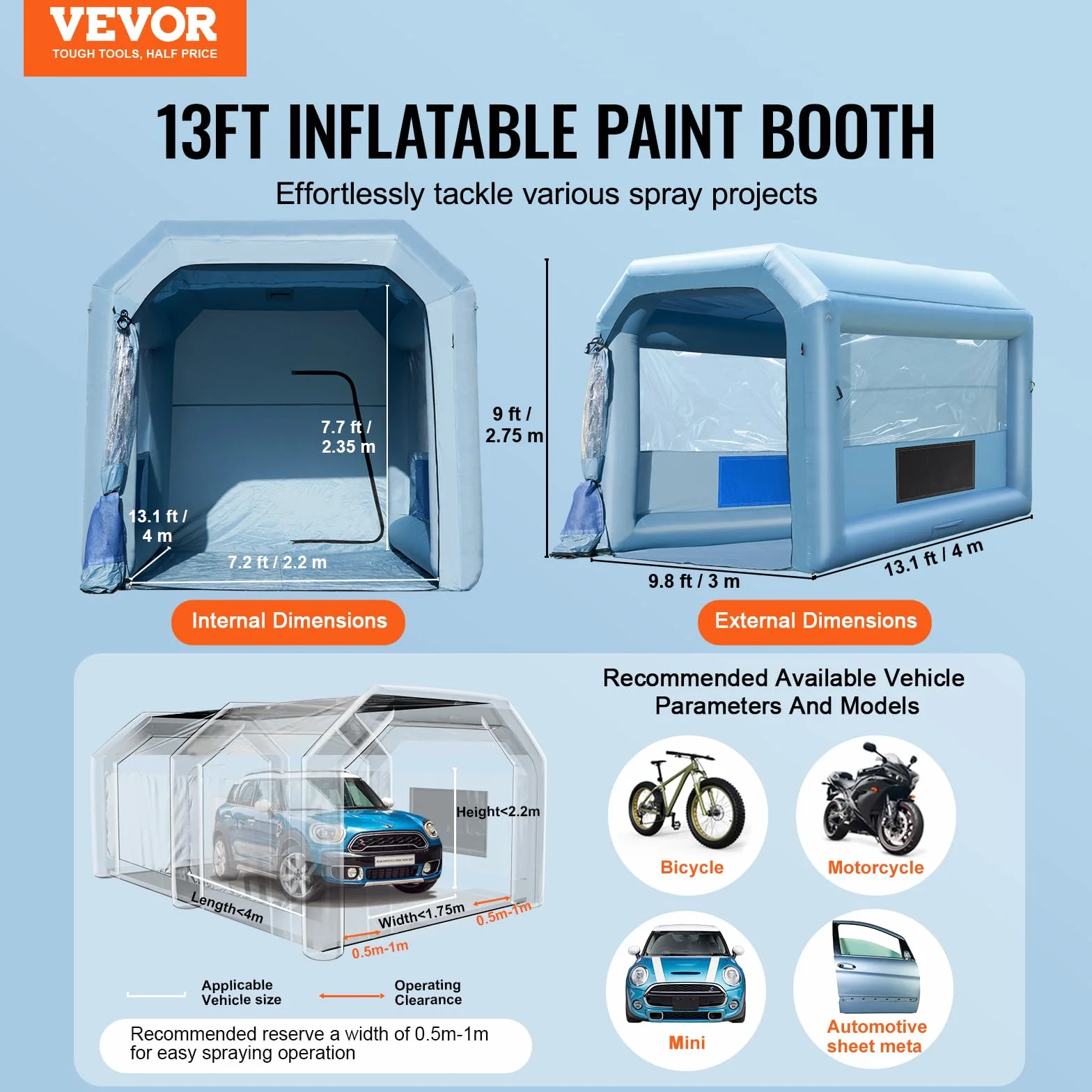 VEVOR Cabina di Verniciatura Gonfiabile, Tenda di Verniciatura Gonfiabile Portatile Potente Ventilatore, Sistema di Filtro dell'Aria, Verniciatura per Auto Veicoli e Mobili 4 x 3 x 2,75 m, 750 W