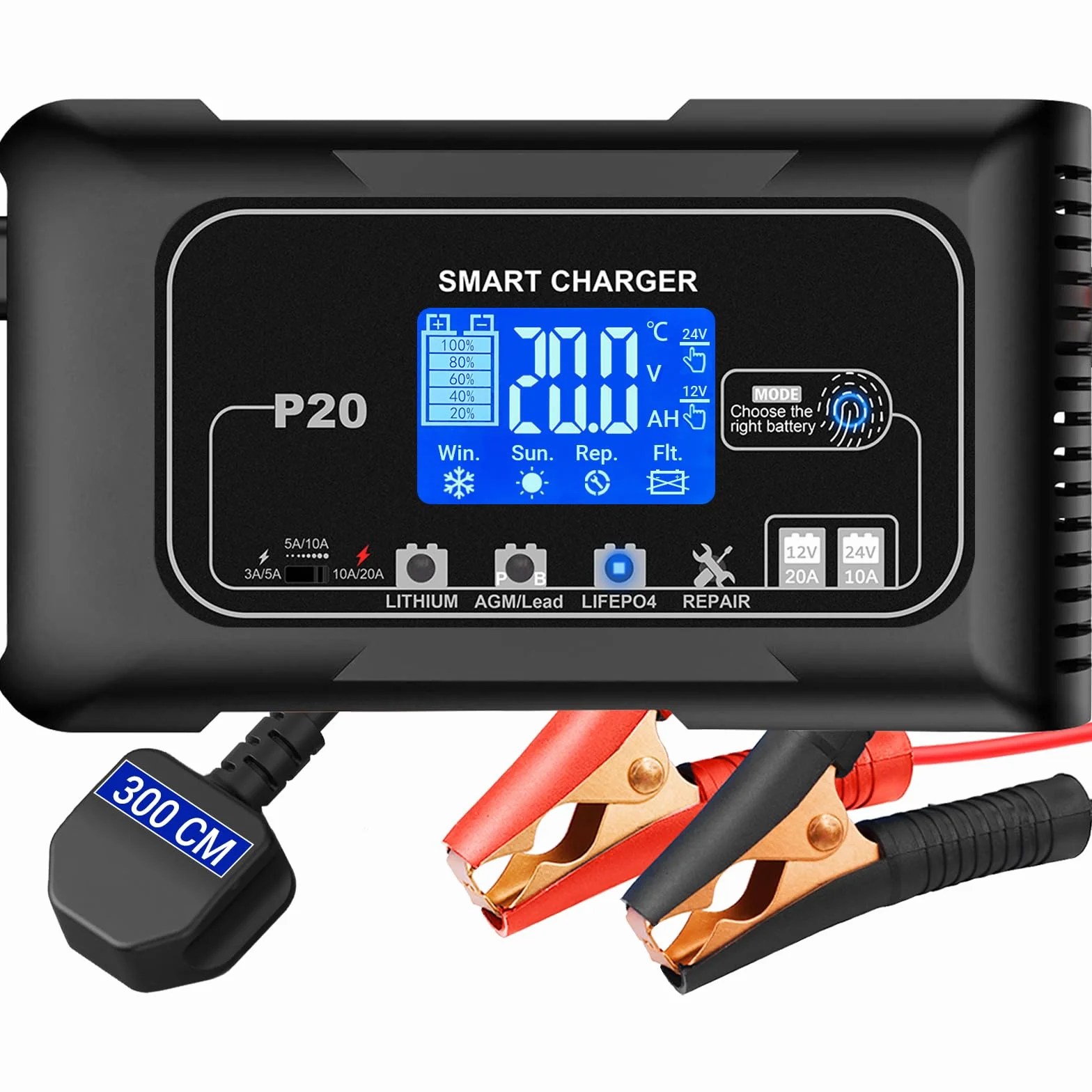 HTRC Carica Batteria per Auto 12V/20A ＆ 24V/10A, Caricabatterie Auto e Mantenitore di Carica Auto, Caricatore Batteria Auto, Carica Batteria Auto per Litio, LiFePo4 e Piombo Acido(AGM, GEL, MF, EFB)