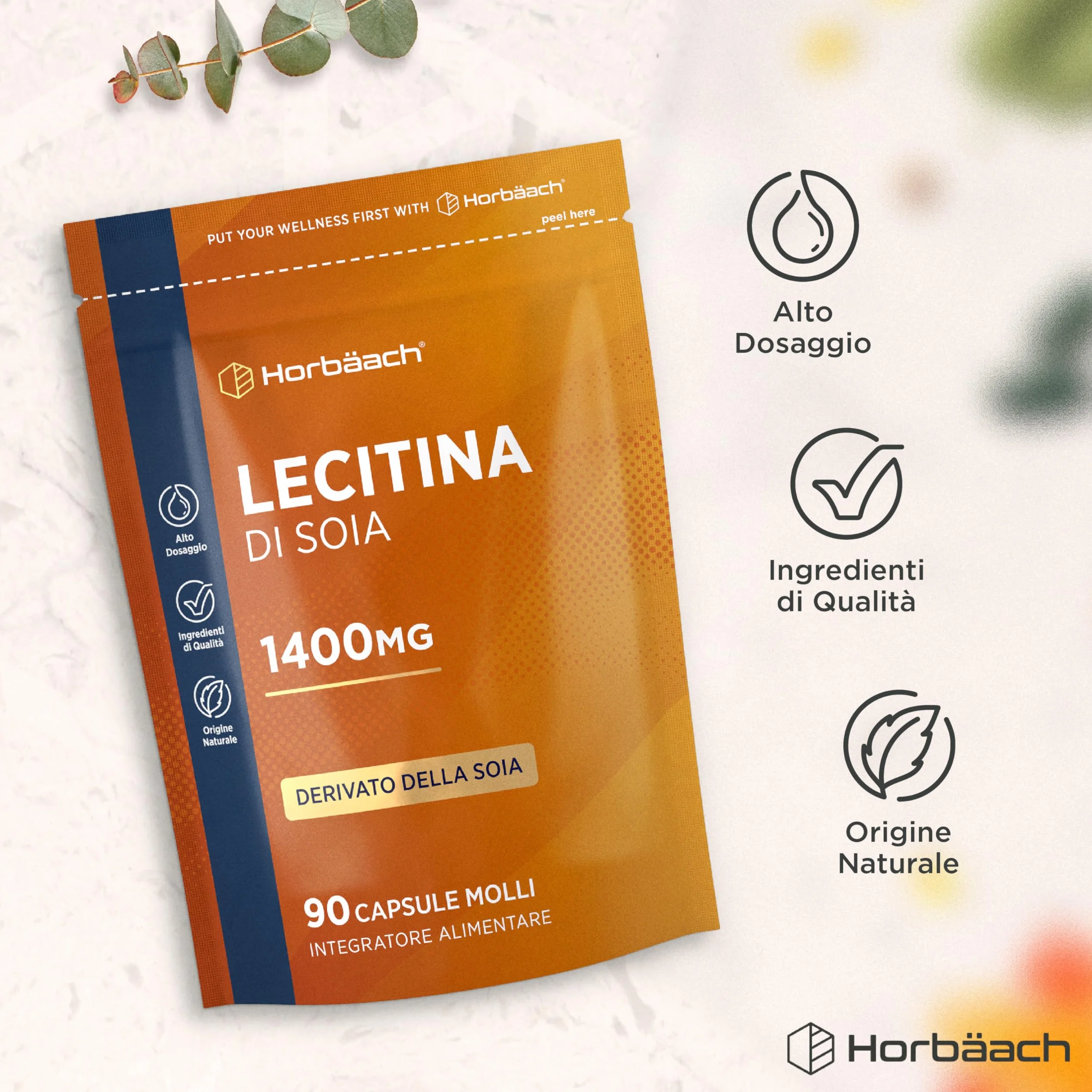 Lecitina di Soia Capsule 1400 mg 90 Capsule Molli Integratore Alimentare Horbaach