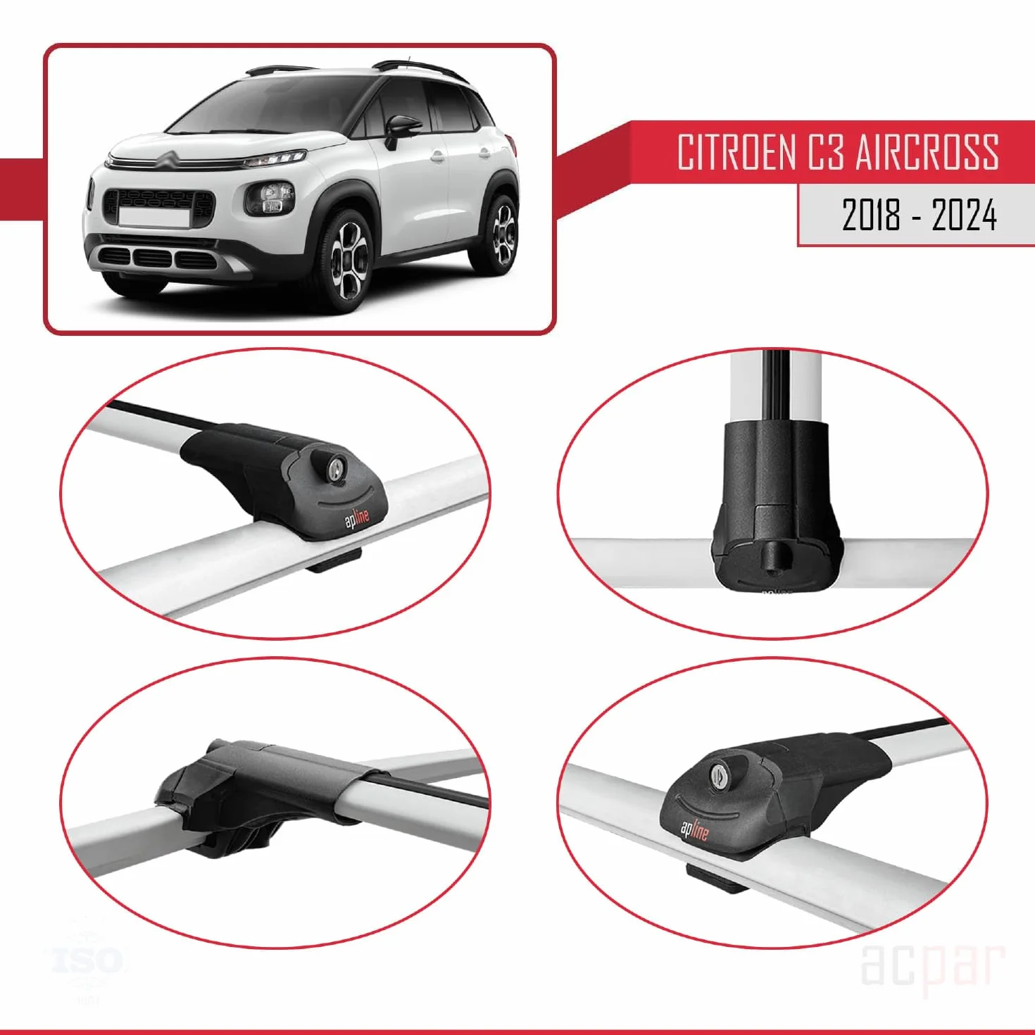Compatibile con Citroen C3 Aircross (A88) 2018-2024 Modello ACE-1 Barre Tetto Portapacchi Auto Barre Portatutto Grigio Alluminio 2 Barre