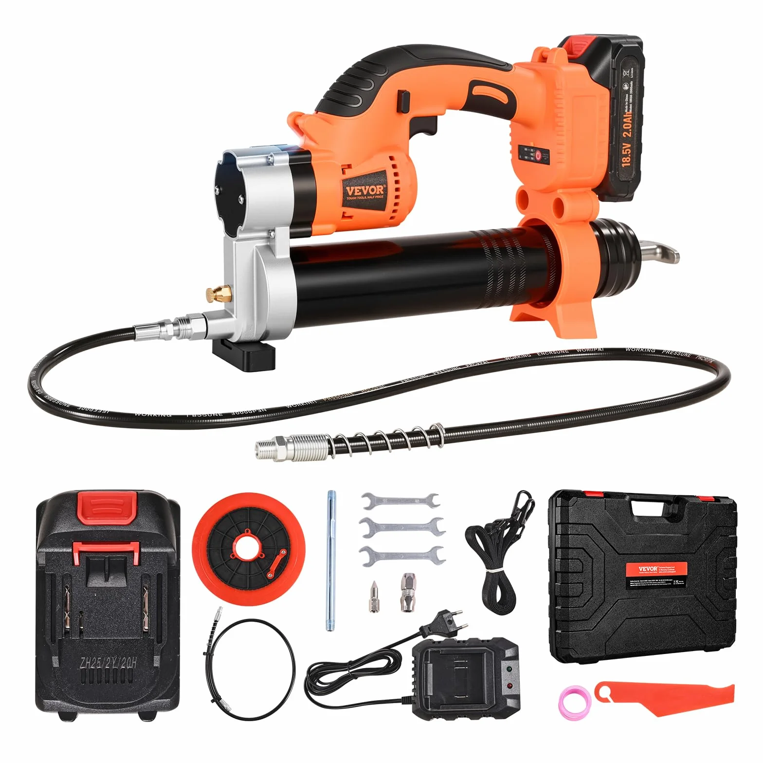 VEVOR Ingrassatore a Batteria Senza Fili, Pressione Massima 55 MPa Ingrassatore Elettrica, Batteria 2,0 Ah e Luce LED, Custodia per Trasporto, Grilletti a velocità Variabile, Ingrassaggio di Veicoli
