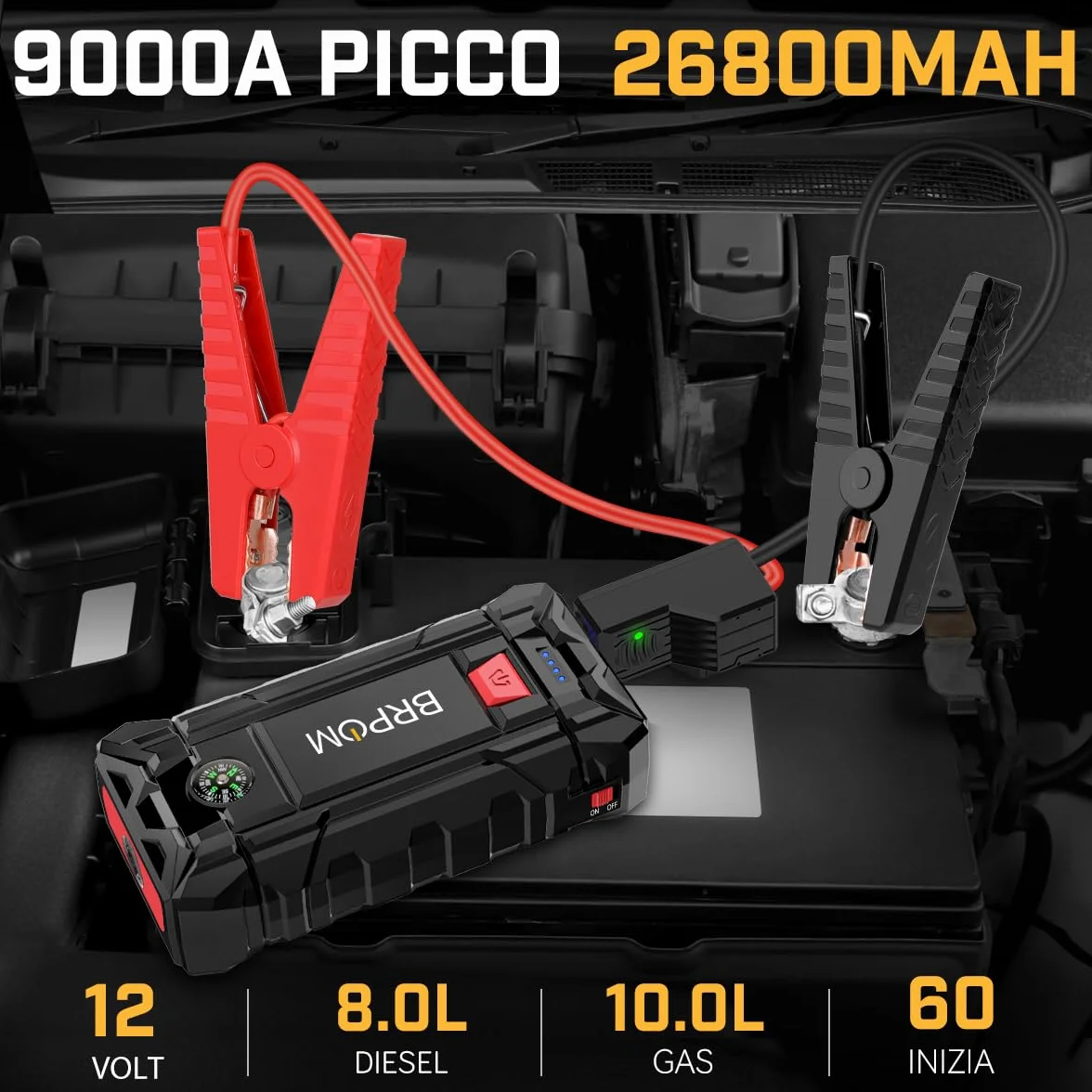 9000A 26800mAh Avviatore Batteria Auto, Avviatore di Emergenza per Auto/Moto, Torcia LED, Porta USB