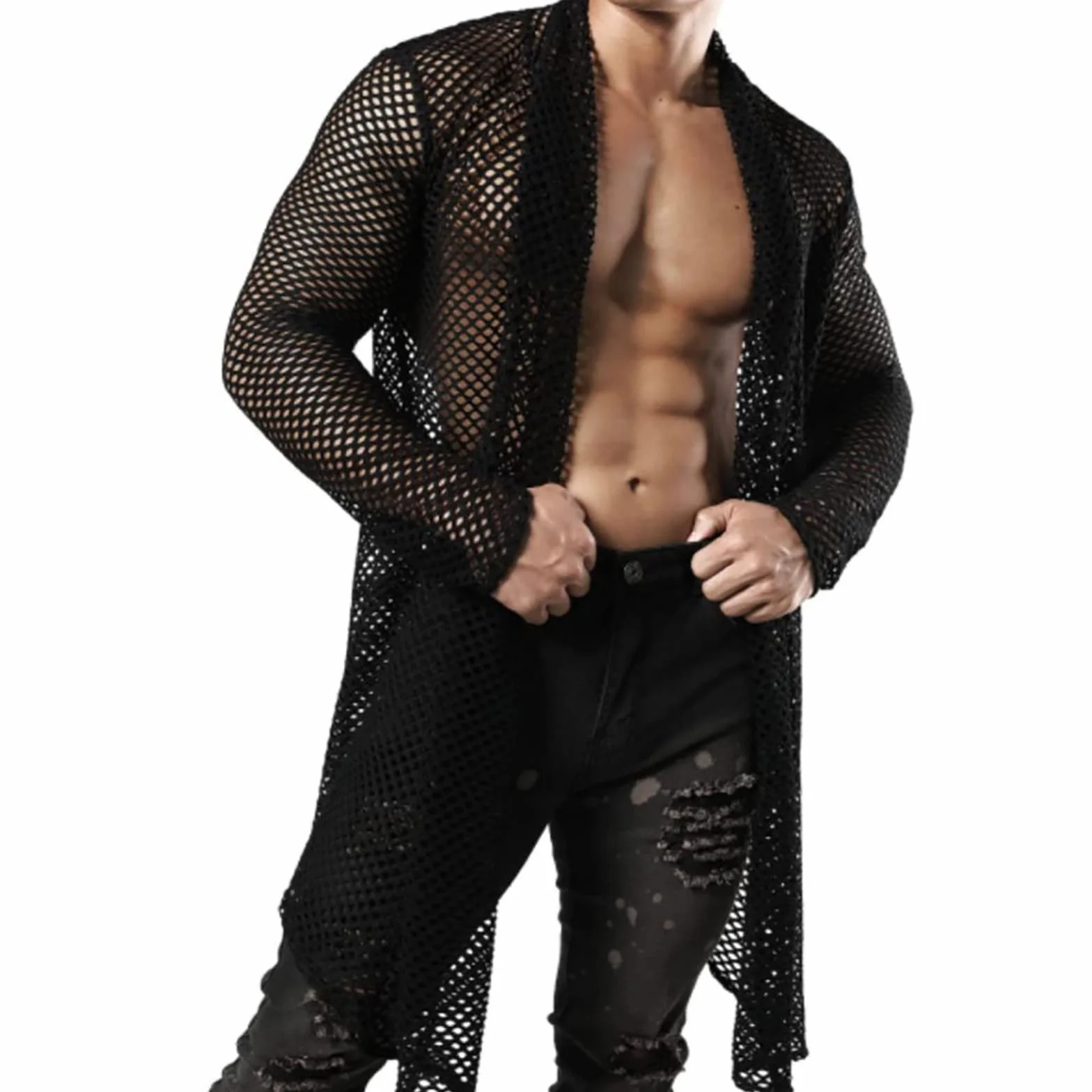 Sexy Style Maschio Cardigan Mesh Street Traspirante Manica Lunga Uomini