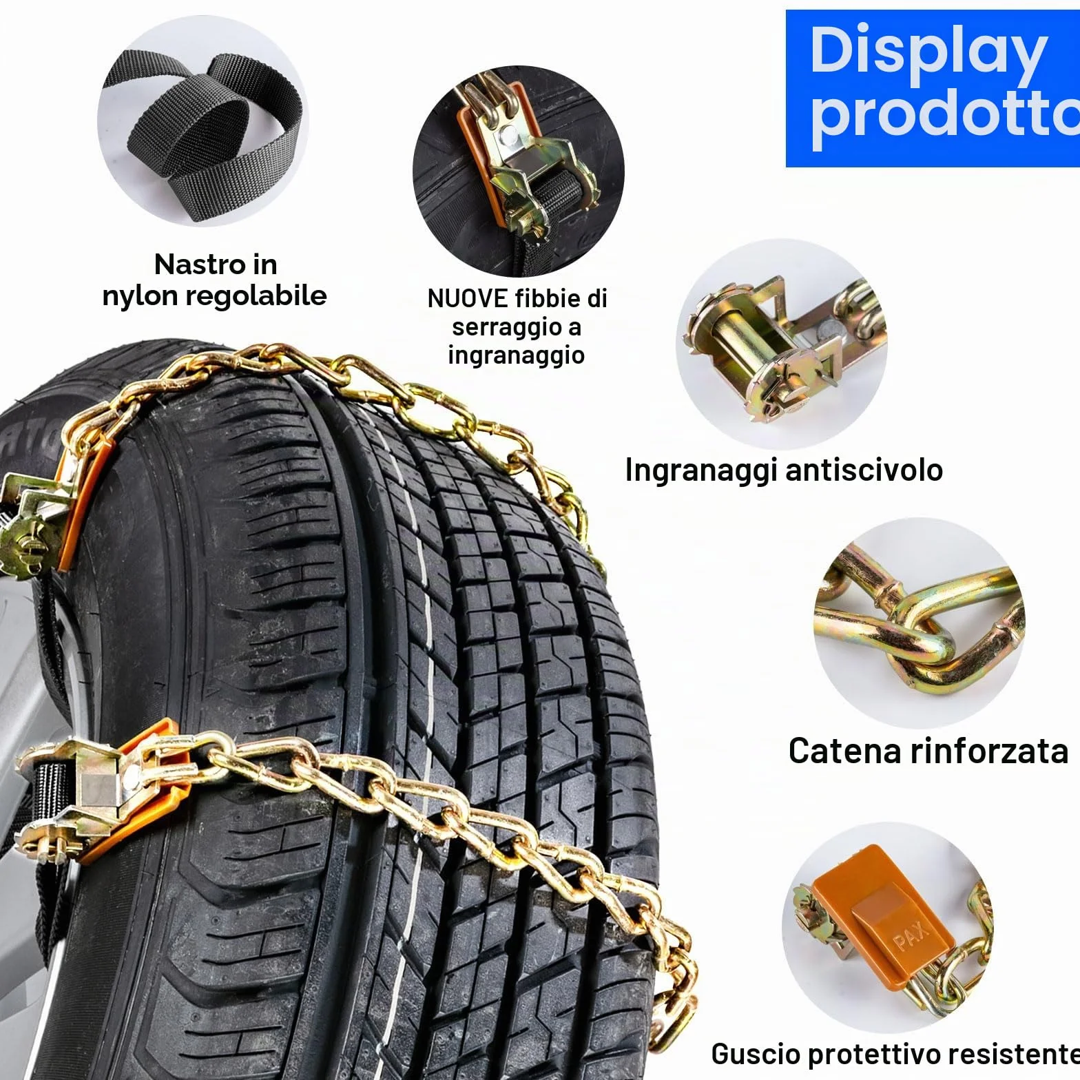 Ninonly Catene da Neve Universali 8Pcs per Auto - Montaggio Facile, Pneumatici 165-265mm, Guanti e Attrezzo Inclusi (Stringere la fibbia)