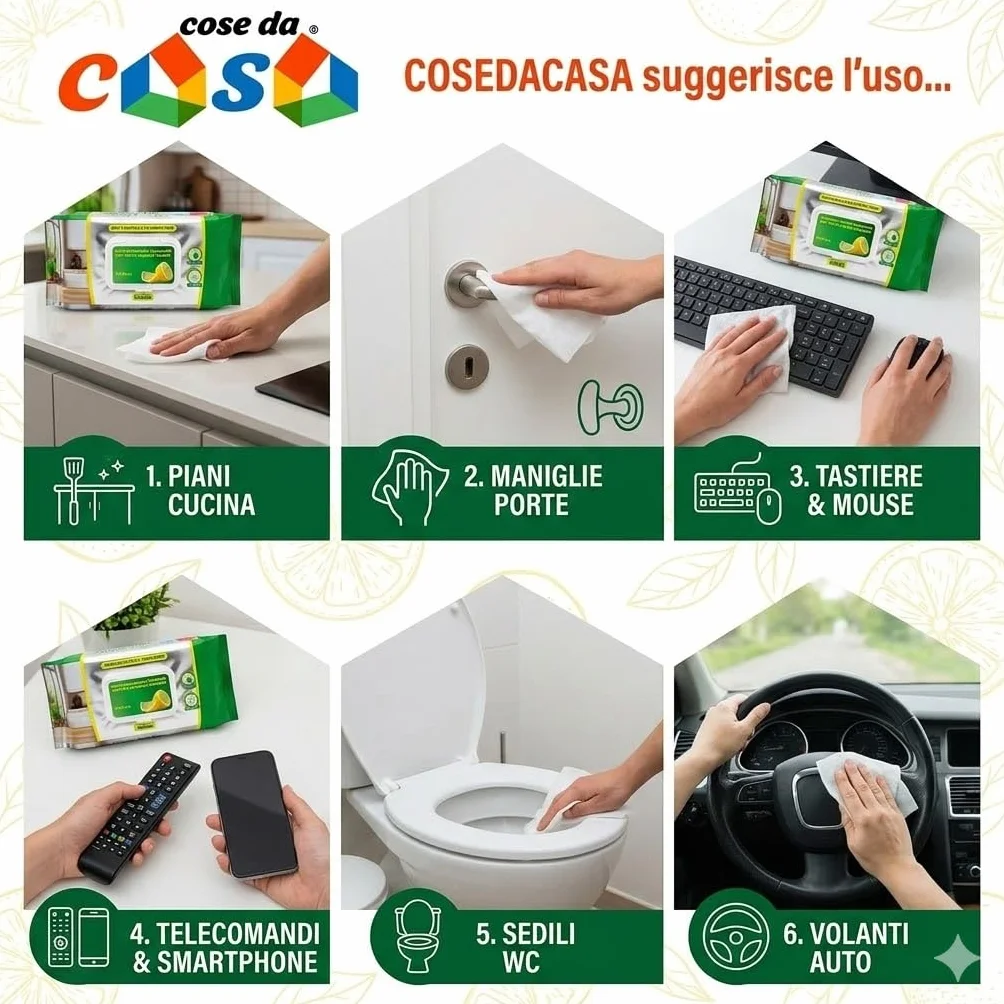 Salviette Umide Igienizzanti al Profumo di Limone 20x20 cm Antibatteriche per Superfici Lavabili