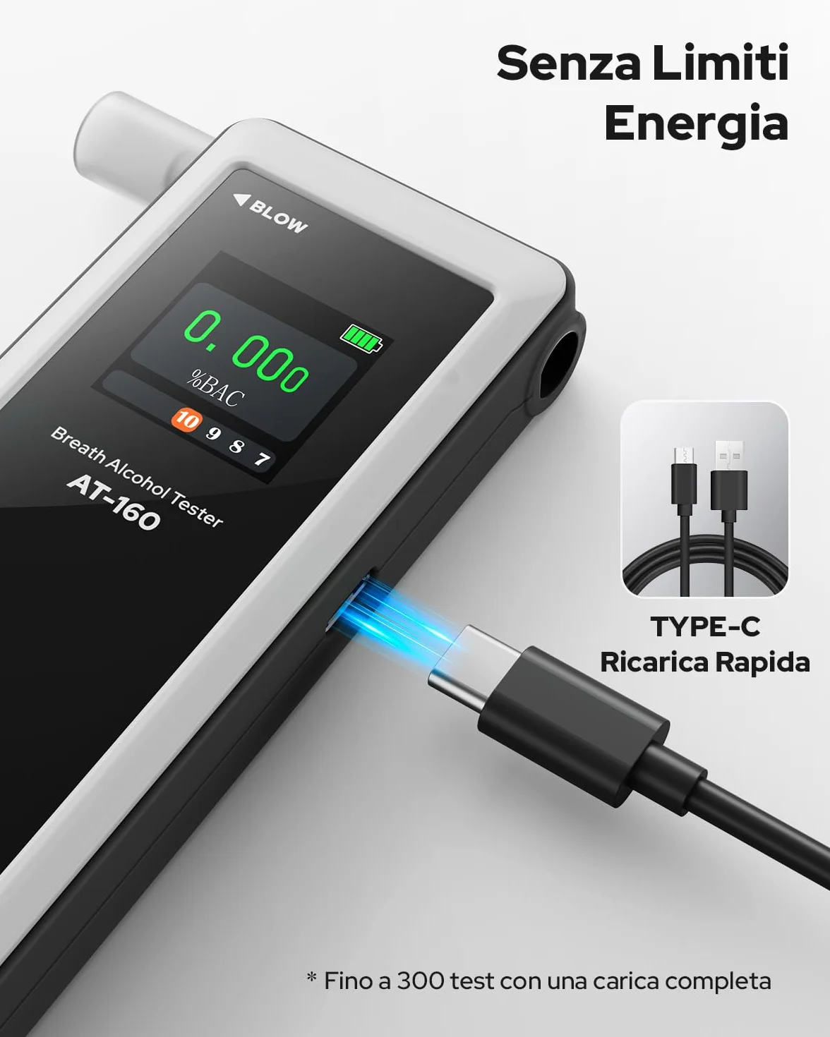 Etilometro AT-160, Alcolometro ad Alta Precisione con Impostazioni della Soglia di Allarme, Alcol Tester con Display Digitale LCD, Archiviazione Dati, 10 Bocchini - per Uso Domestico