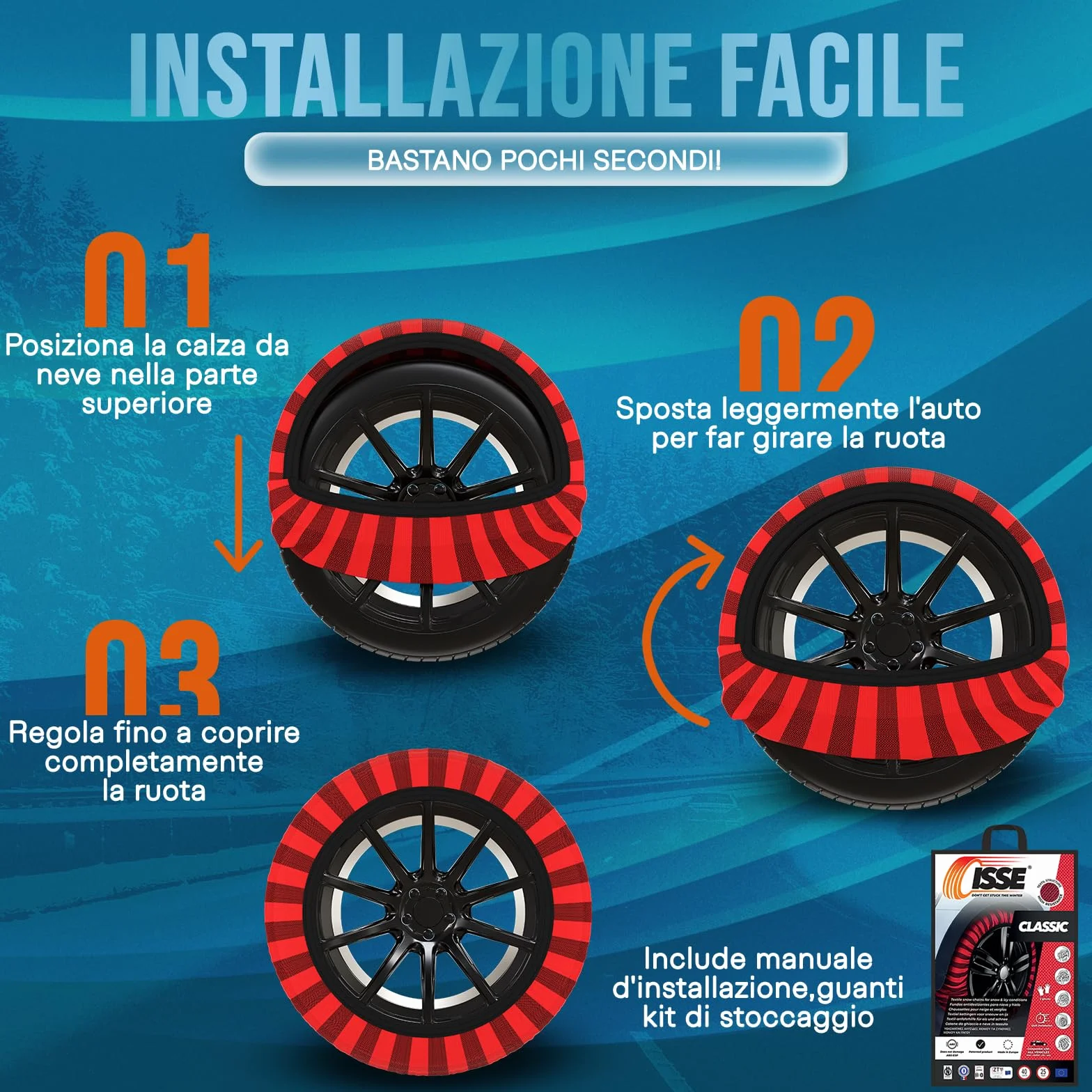 ISSE Calze da Neve Omologate Italia EN 16662-1 – 2 Catene da Neve in Tessuto per Auto Facili da Installare - Resistenti - Guanti Inclusi T70