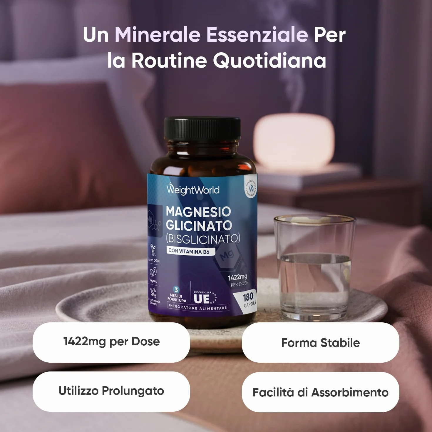 Magnesio Bisglicinato 1422mg con Vitamina B6, 180 Capsule - Magnesio Glicinato Vegano, Senza Additivi