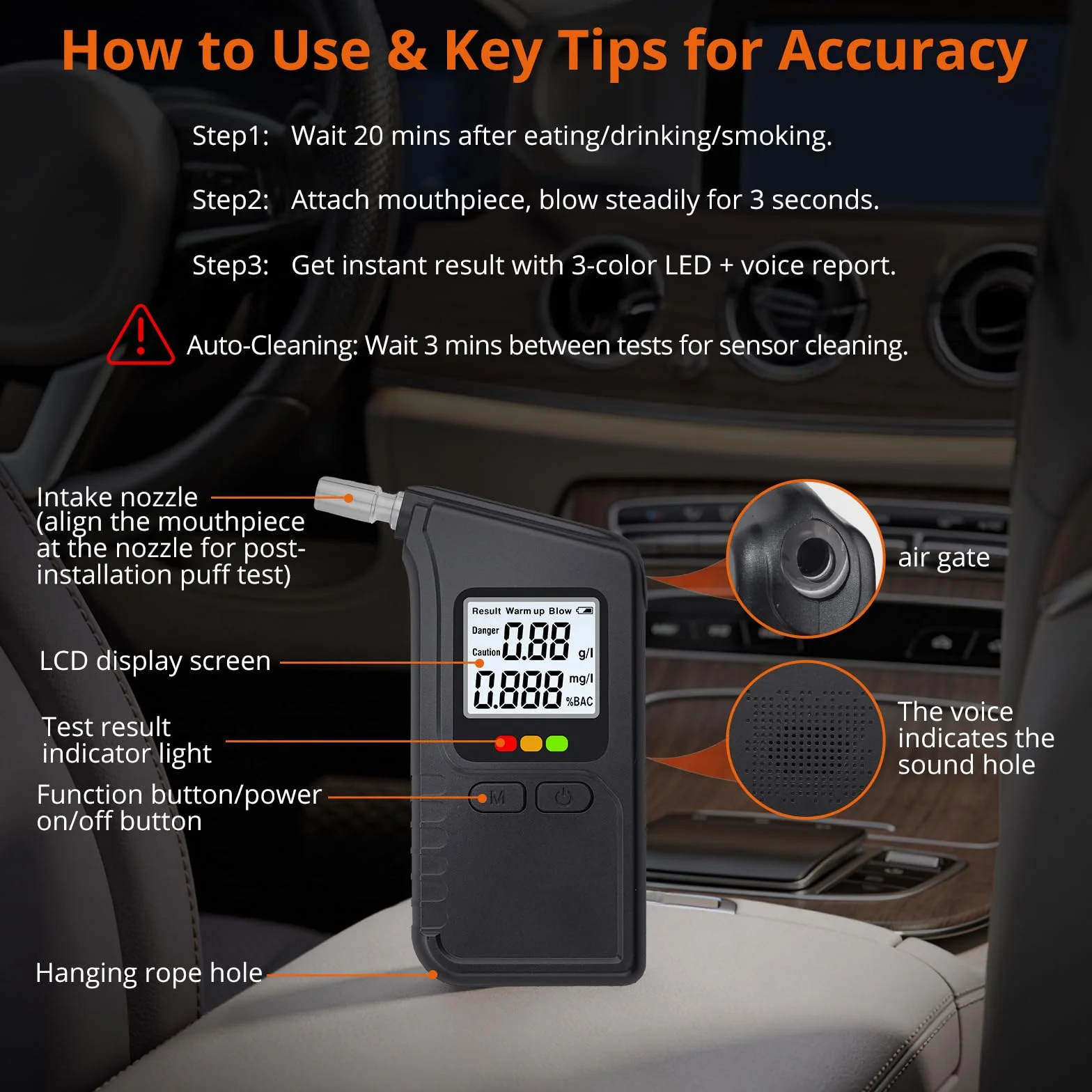 Proster Etilometro Portatile con Display LCD, Sensori Doppi, Misurazione Alcol nel Respiro, Include 10 Bocchini e Batterie