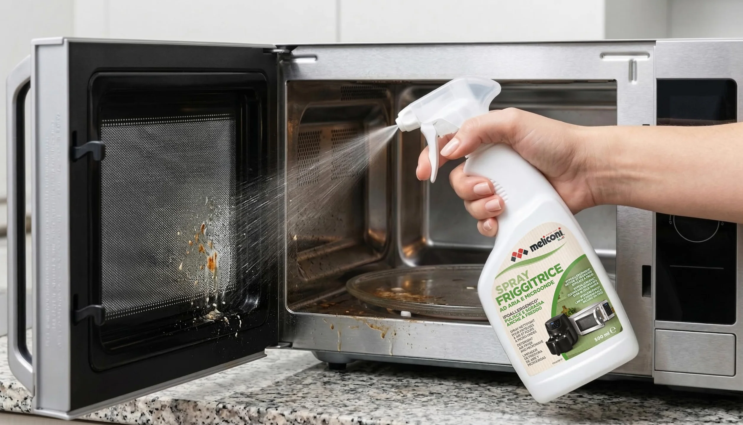 Meliconi Sgrassatore Spray 500 ml, Friggitrice ad Aria e Microonde, Rimuove Grasso Ostinato, Efficace a Freddo, Made in Italy