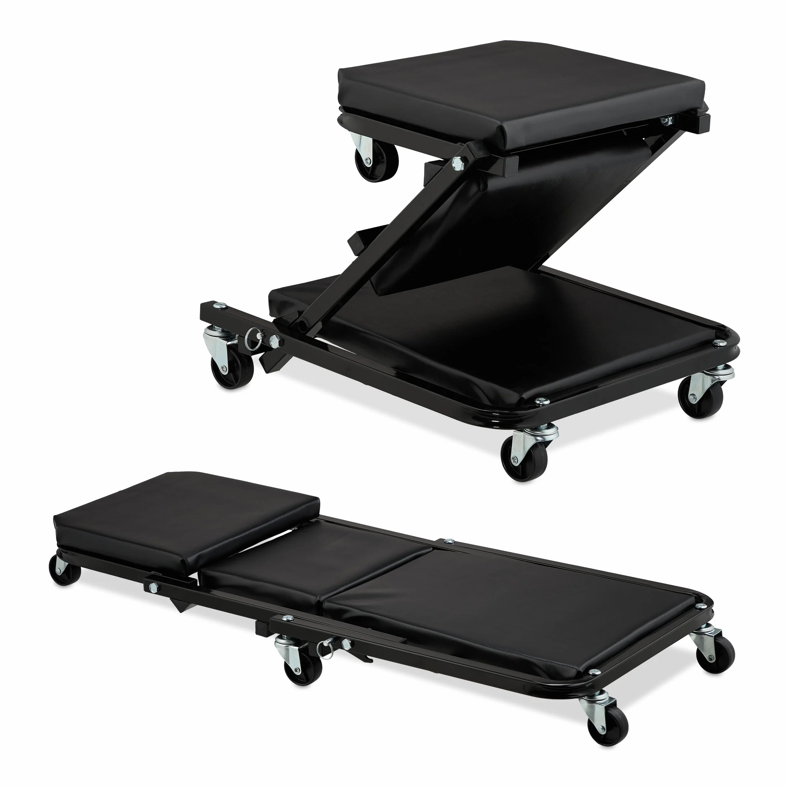 Relaxdays Carrello sotto Auto da Meccanico, Sgabello Officina con Ruote 360°, Regge 150 kg, Pieghevole, Acciaio, Nero