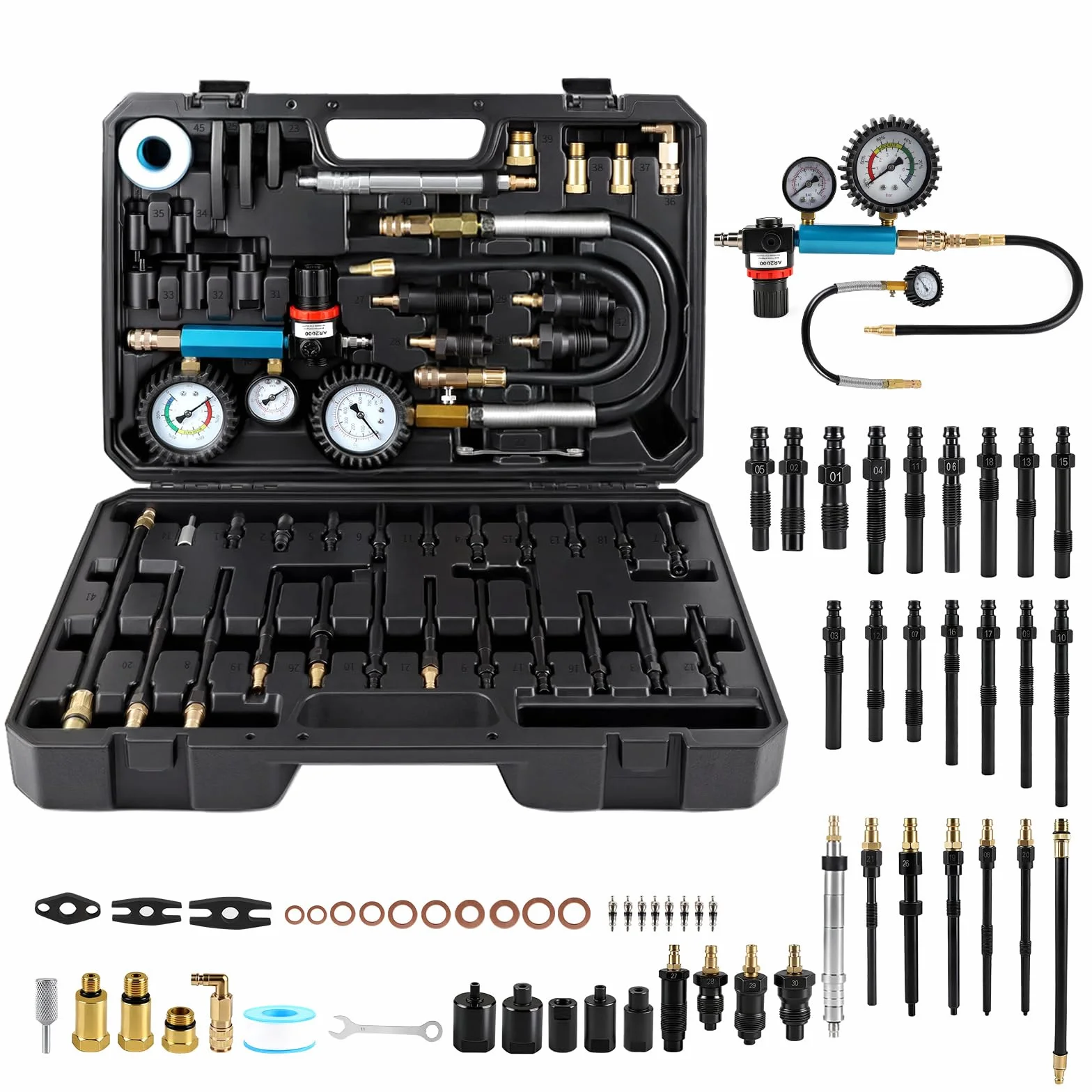 CPROSP 46 pezzi Tester di Compressione e Perdita di Pressione (0-50 Bar / 0-7 Bar), Prova Compressione Motore Benzina e Diesel, Compatibile HDI, TDCi, per Auto, Camion, Bus, Moto
