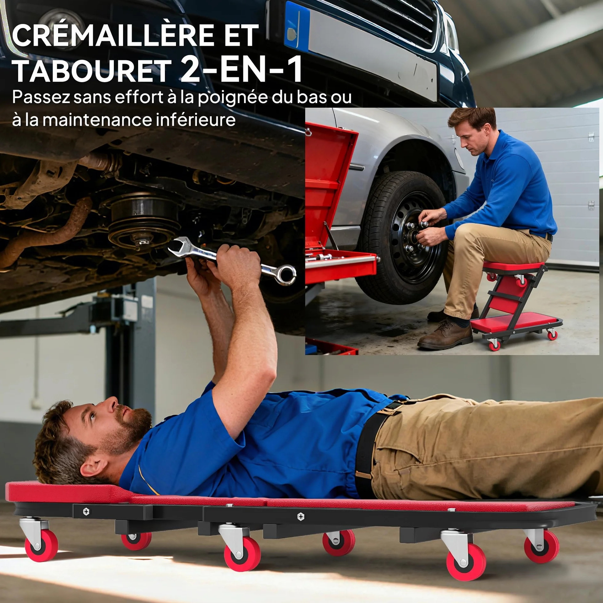 HOMCOM carrello di montaggio 2 in 1 Carrello di ispezione per meccanici pieghevole a Z 150 kg di carico, 6 ruote con rotazione a 360°, sgabello da officina con funzione di seduta e sdraiata, per