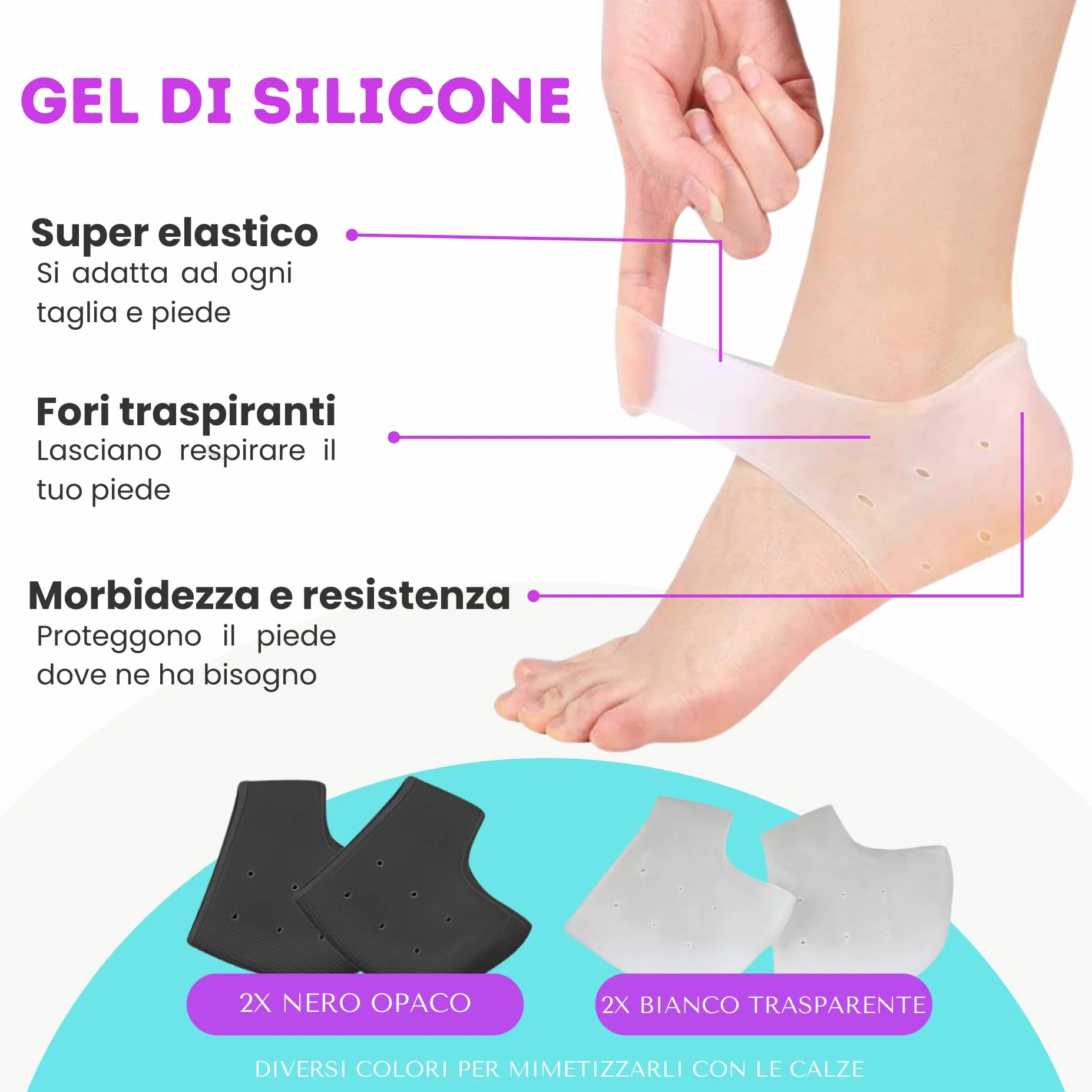 Protezione per tallone in gel di silicone morbido, talloniera 2 paia Bianco e nero
