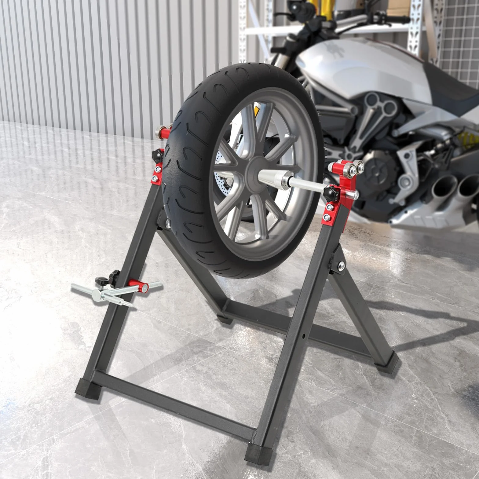 Cavalletto Equilibratrice per Ruote di Moto, Bilanciatore per Pneumatici Design Pieghevole Equilibratrice per Bilanciare Cerchi e Ruote Danneggiati