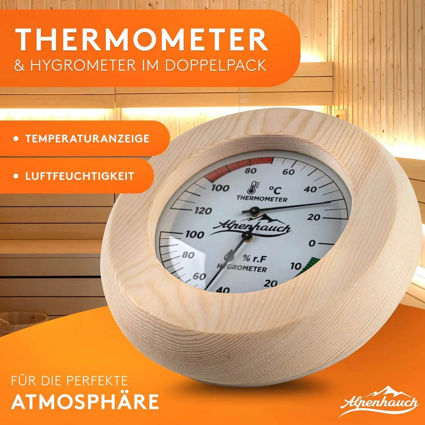 ALPENHAUCH Termometro da sauna igrometro 2 in 1 legno vetro temperato calibrazione automatica