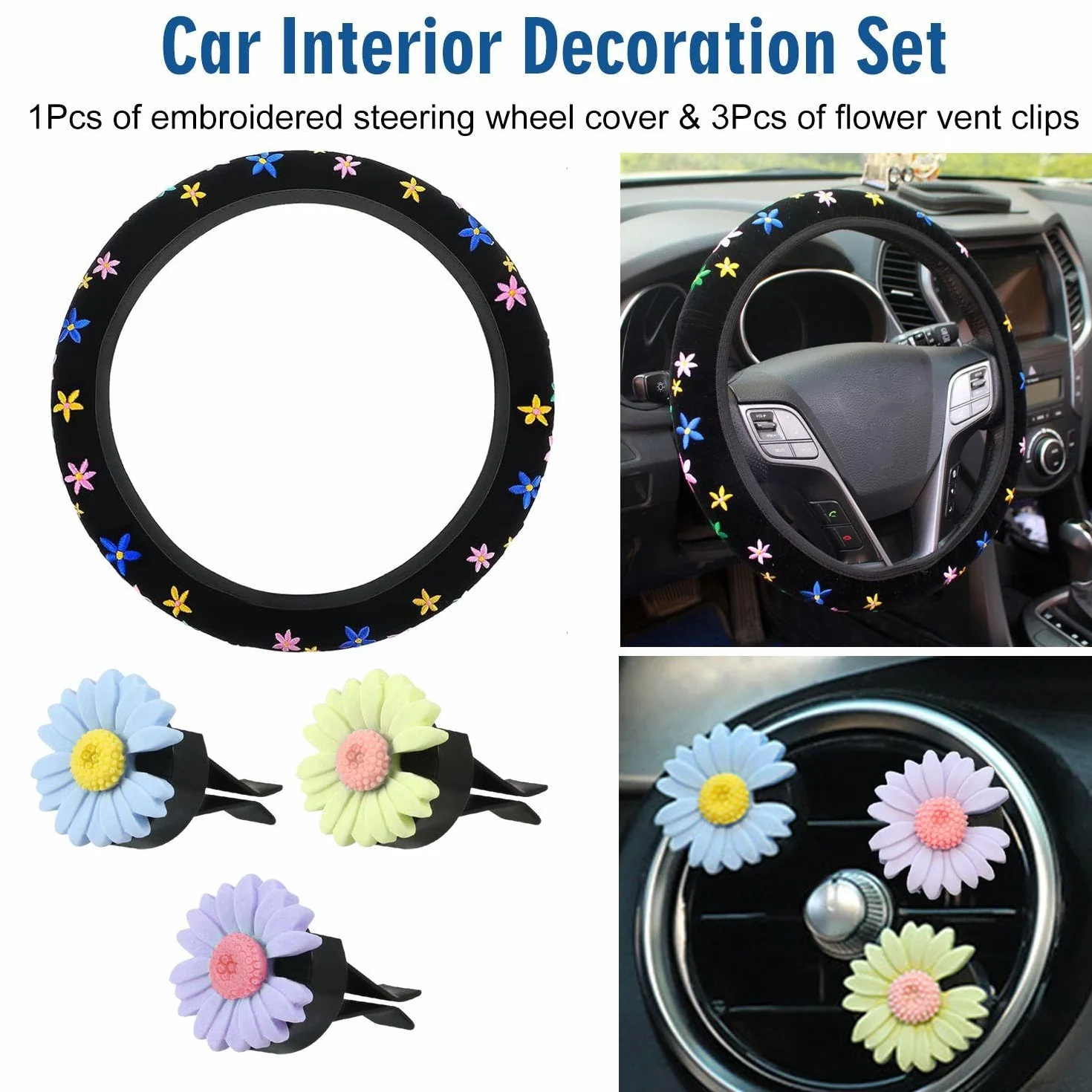 Coprivolante Ricamato Floreale Da 1 Pezzo E Clip Decorative Per Presa D'Aria Da 3 Pezzi, Protezione Del Volante, Decorazione Del Volante