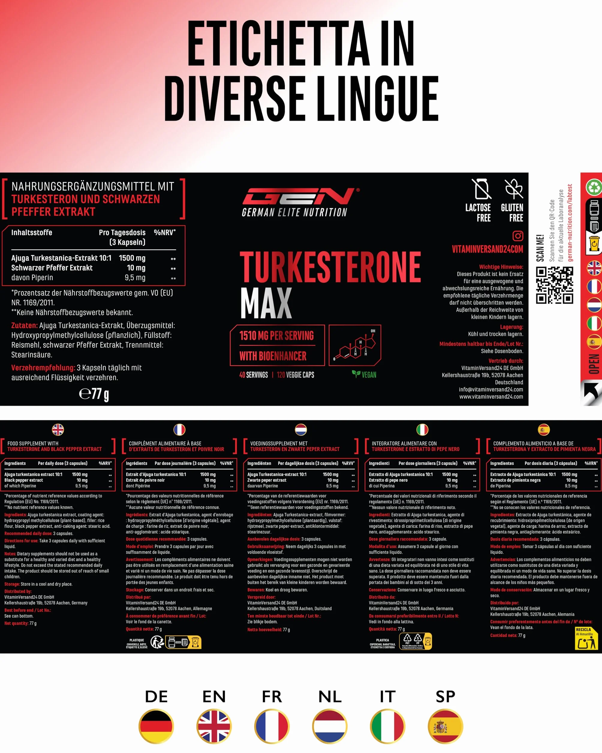 Turkesterone Max 120 capsule 1510 mg per dose giornaliera Bioenhancer Vegan