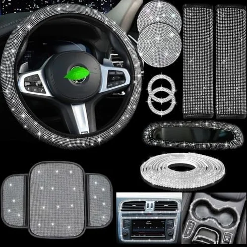 Set di copristerzo per auto con supporto per telefono in strass e sottobicchiere, set interno ultra-velluto da 10 pezzi per (rosa)