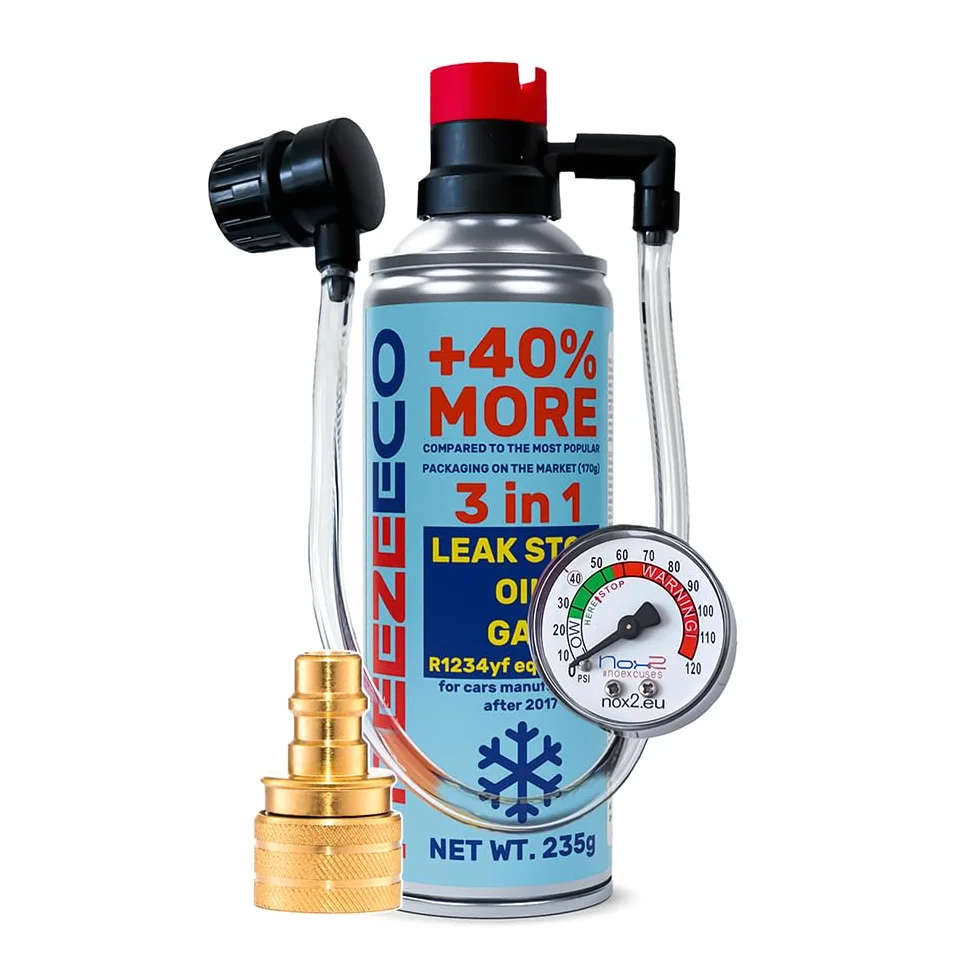 sostitutivo gas r1234yf, kit ricarica, ricarica aria condizionata auto, FREEZEECO 3in1 HOBBY con tubo flessibile integrato con manometro e adattatore