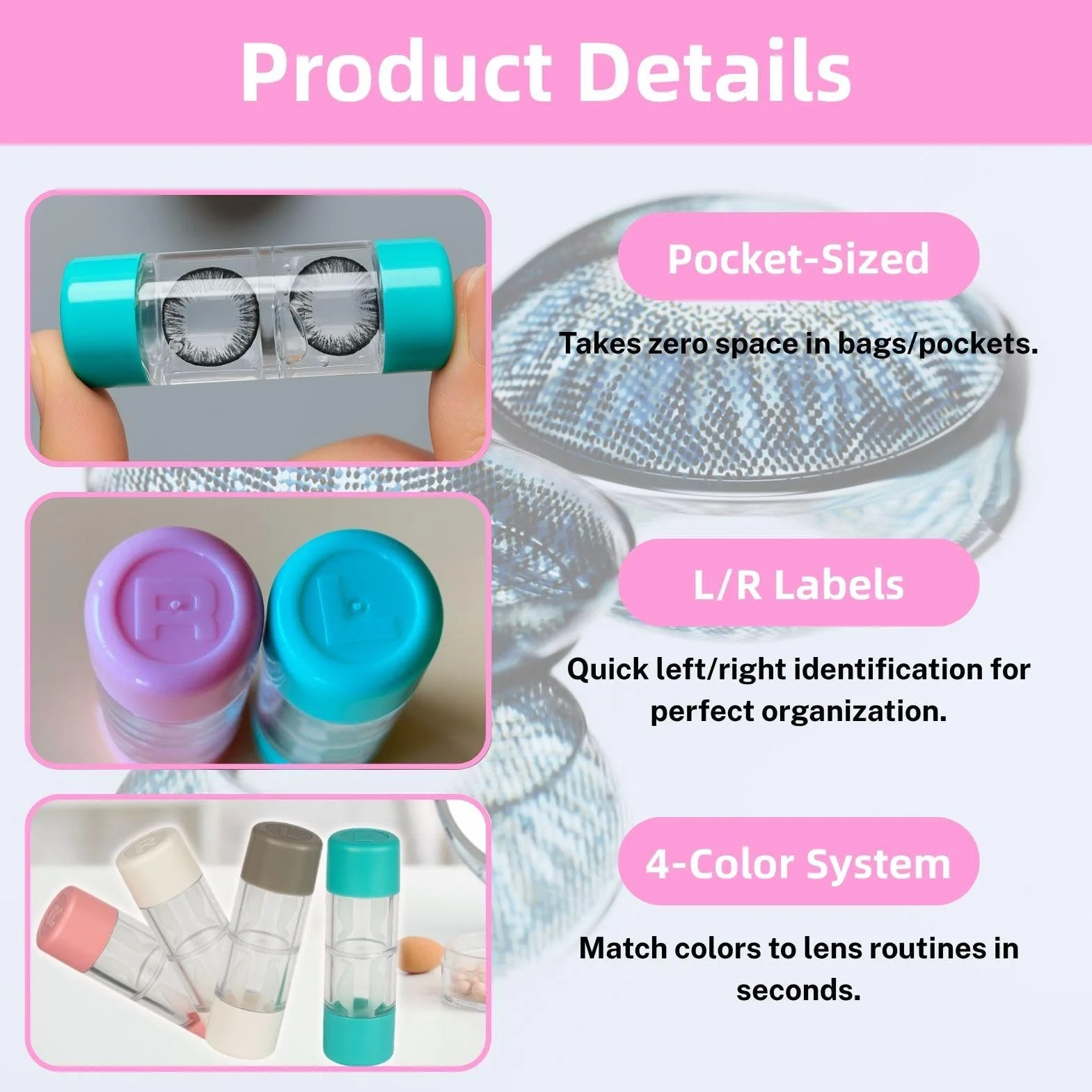 Set di 4 contenitori per lenti a contatto dure, portatile, compatto, rosa, bianco, blu, verde