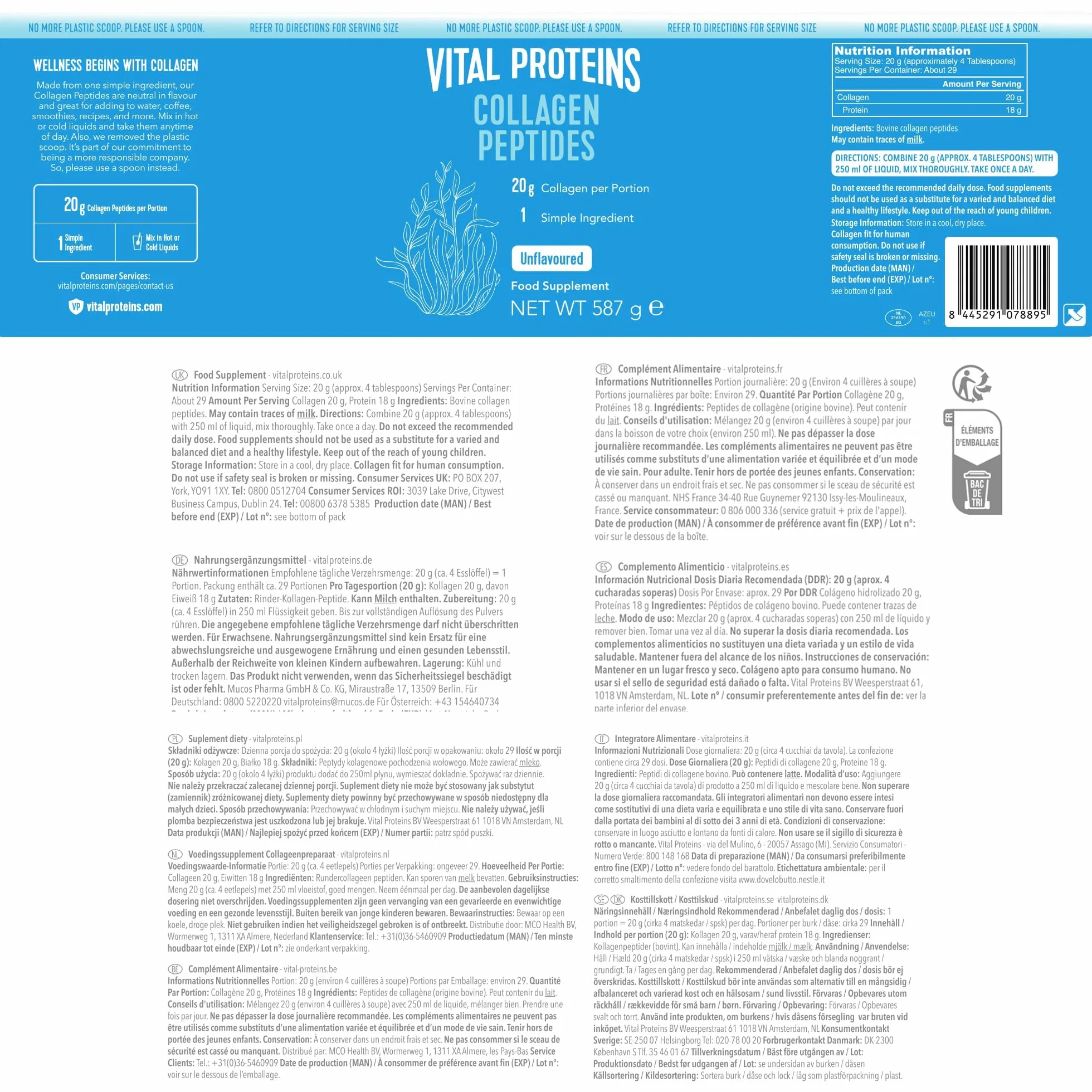 Vital Proteins Collagen Peptides integratore collagene idrolizzato in polvere inodore insapore 20g peptidi collagene bovino 587g