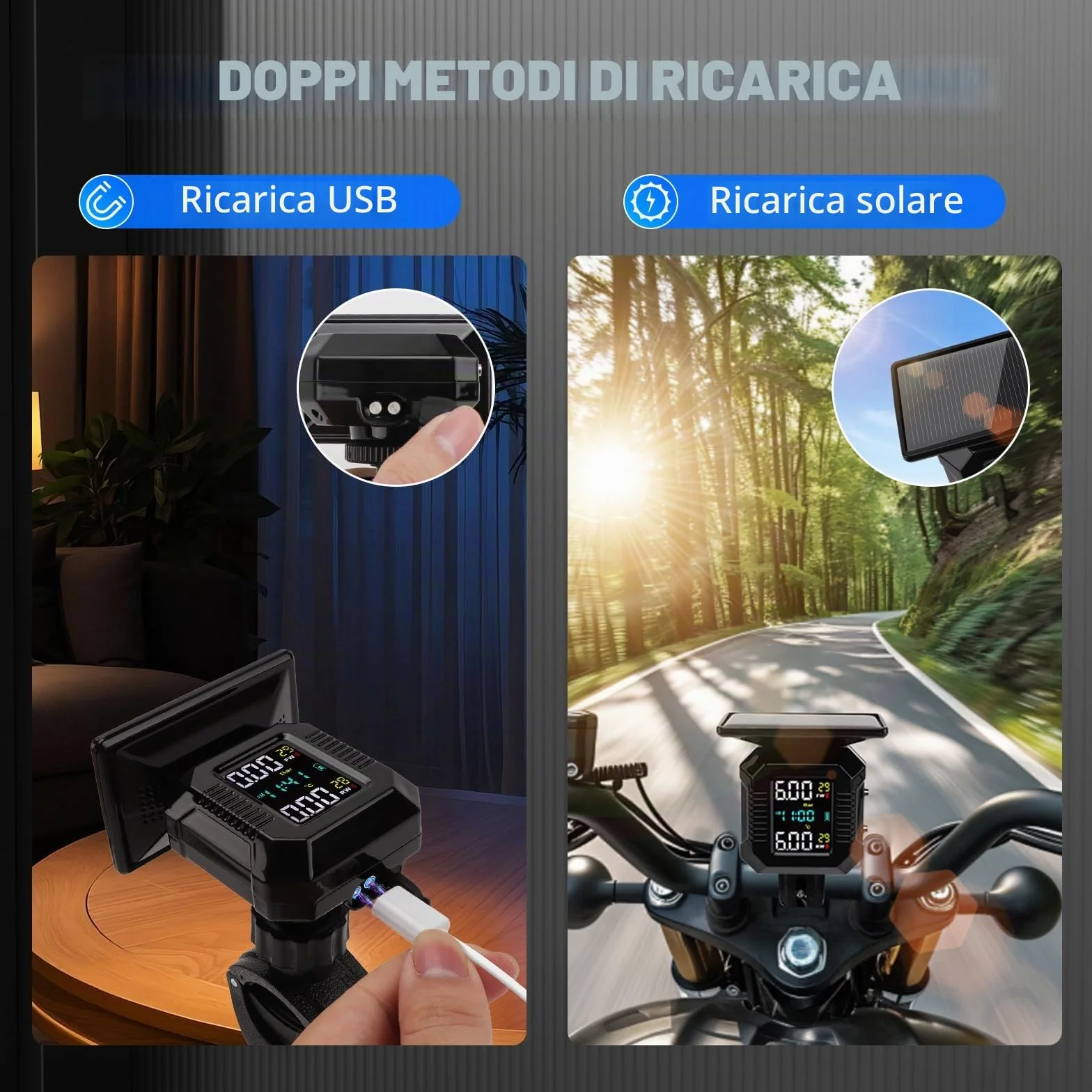 KAOLALI TPMS Moto Wireless Ricarica Solare USB Display LCD 2 Sensori Esterni Impermeabili