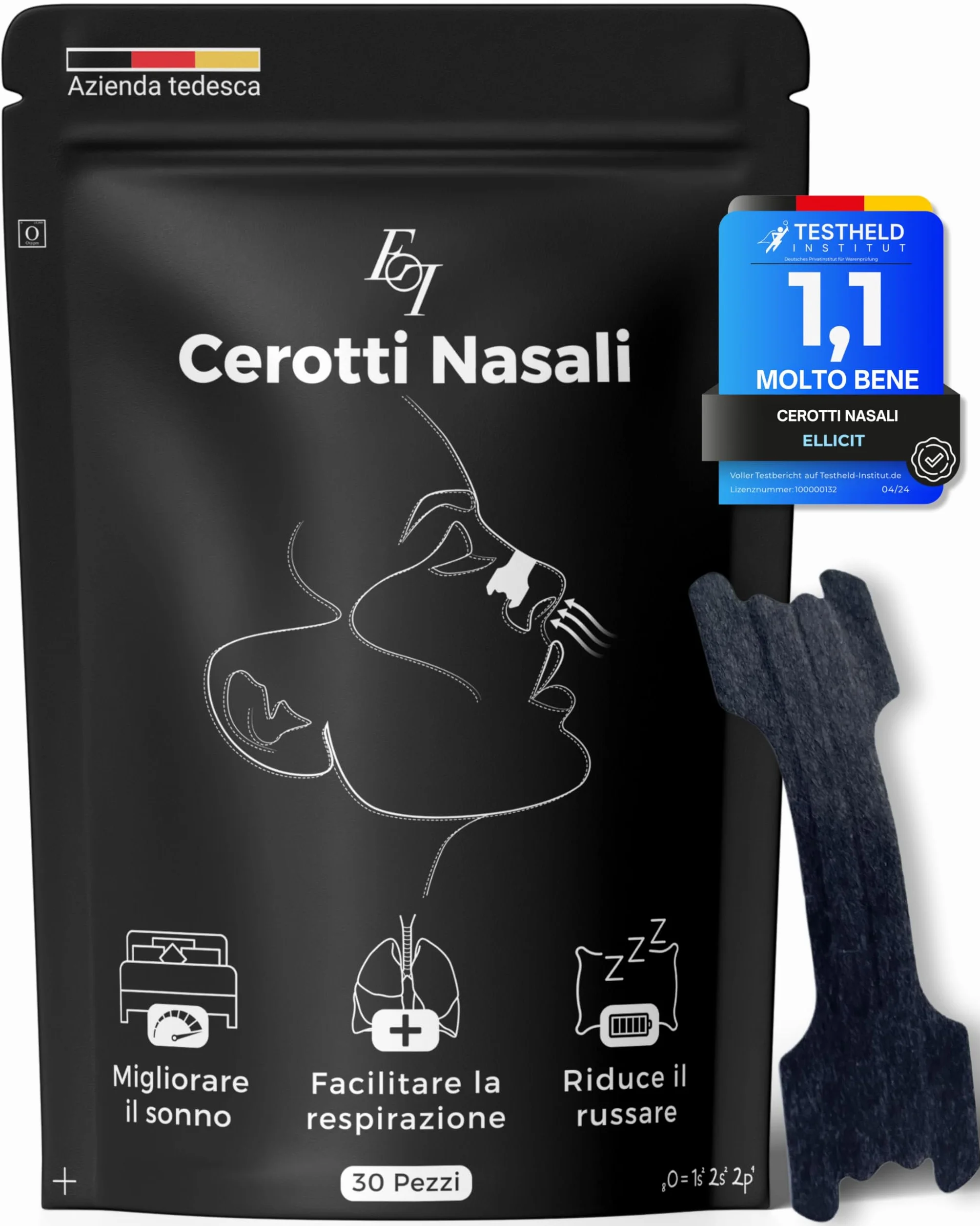 Ellicit Cerotti Nasali 30 Pezzi, Cerotti per Non Russare, Strisce Nasali Extra Tenuta, Alivia Congestione Nasale (Nero)