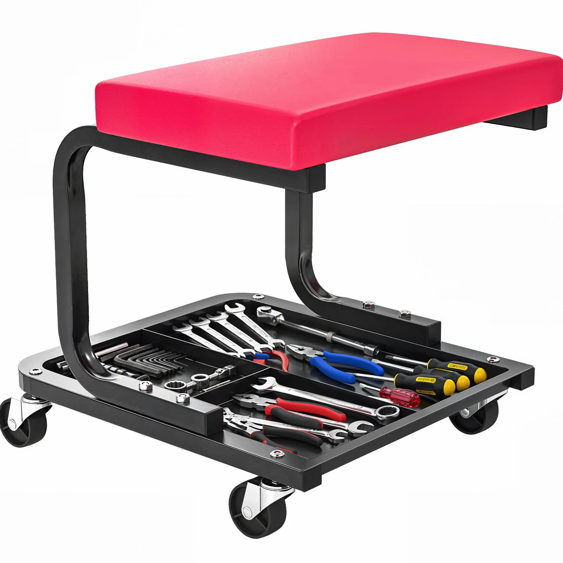 HOMCOM Sgabello da meccanico sgabello mobile da officina, portata 135 kg, incluso vassoio porta attrezzi, sedile da officina con rotelle lisce, girevole a 360°, per manutenzione, riparazioni auto,