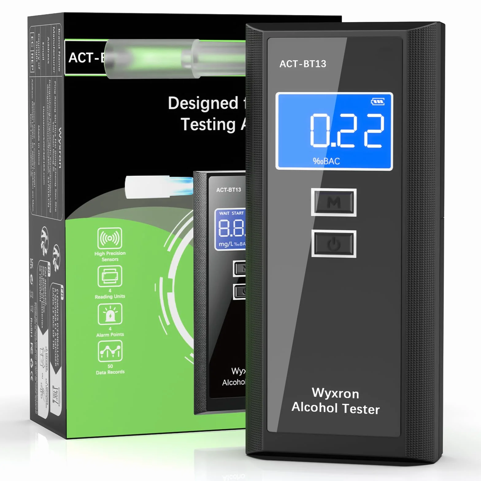 Etilometro Portatile Certificato, Alcol Test Professionale Etilometro Portatile con Display Lcd/Record/10 Boccagli, per Test Personali/Famiglie/Partiti