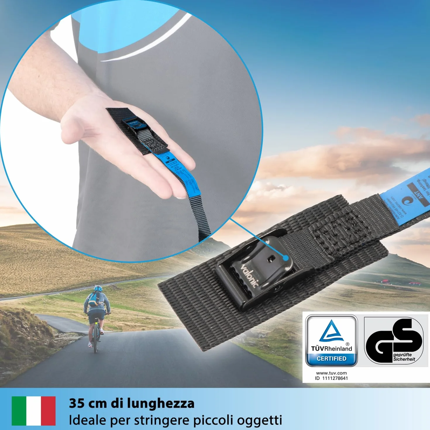 Valonic Cinghie di Fissaggio 35cm 19mm 80kg Imbottite Certificate TÜV Rheinland GS EN-12195-2 Nero