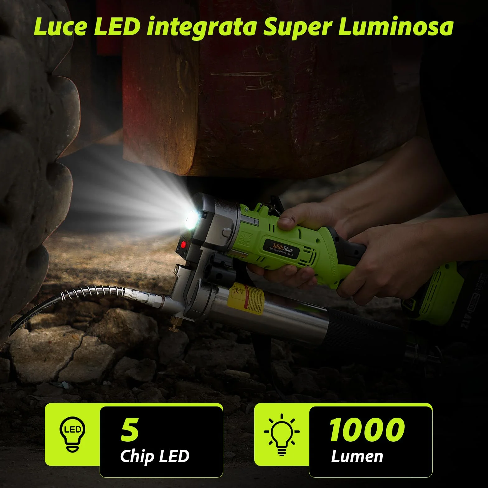 TaskStar Ingrassatore 2-in-1 con 2 Batterie da 4000 mAh, [Molto più Facile da Usare] Ingrassatore a Batteria con Adattatore per Ingrassatore a 90 Gradi, Pistola per Grasso con Luce LED Luminosa