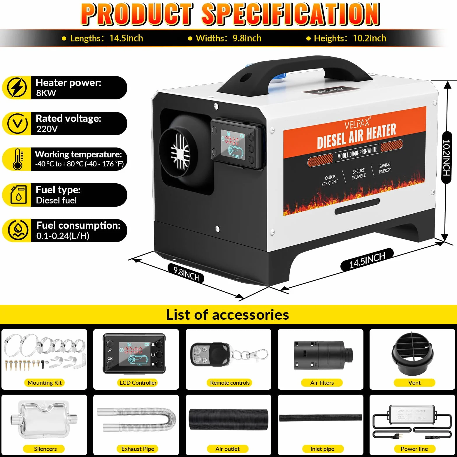 VELPAX Riscaldatore d'Aria Diesel all-in-One 8KW 12V 24V 220V riscaldatore d'Aria Diesel con silenziatore, LCD e Telecomando Riscaldamento rapido per Camper,Macchine,Camion,Barche,Autobus