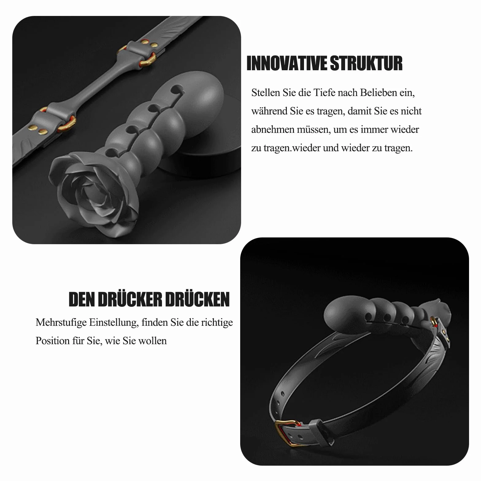 Bavaglio Bocca Estremo BDSMJOY con Cintura in Silicone Regolabile, Giocattoli Sessuali SM Coppie (Nero)