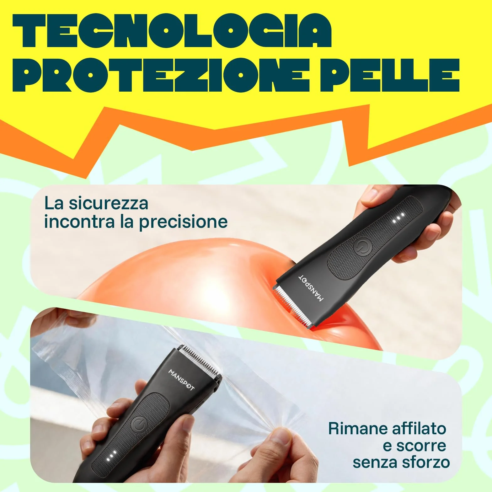 MANSPOT Rasoio Elettrico Corpo Uomo, Depilatore Corpo Lama Ceramica Impermeabile IPX7, 4 Pettini Guida