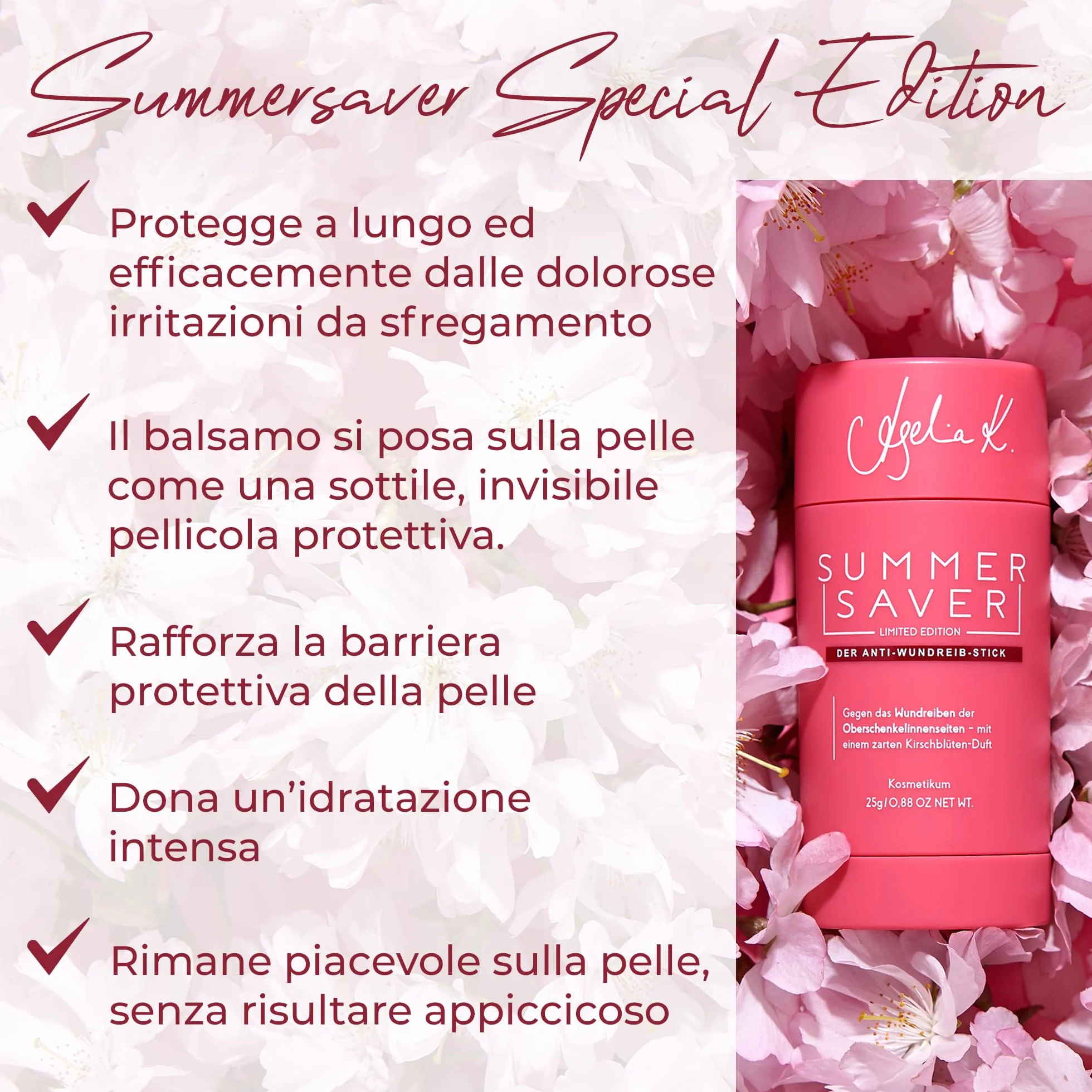 SUMMERSAVER Cherry Stick anti-sfregamento 25 g – Per cosce, piedi, reggiseno – Olio di cocco, mandorle, vitamina E, allantoina – Vegano, dermatologicamente testato
