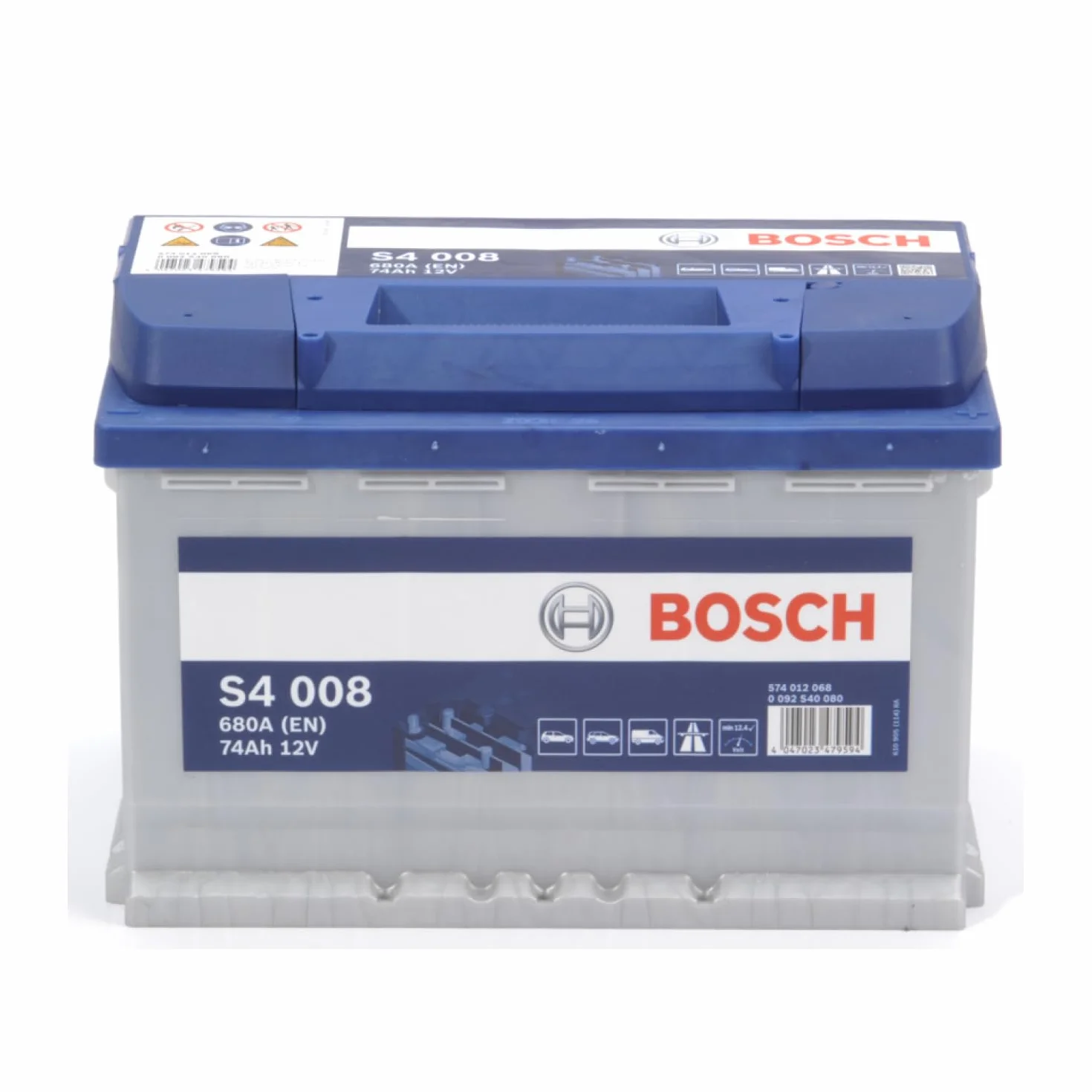 Bosch S4 008 Batteria per Auto 74 A/h - 680 A - 12 V, Batteria al Piombo-Acido per Veicoli senza Sistema Start/Stop, Polarità: Sinistra (-) Destra (+), 278 x 175 x 190 mm