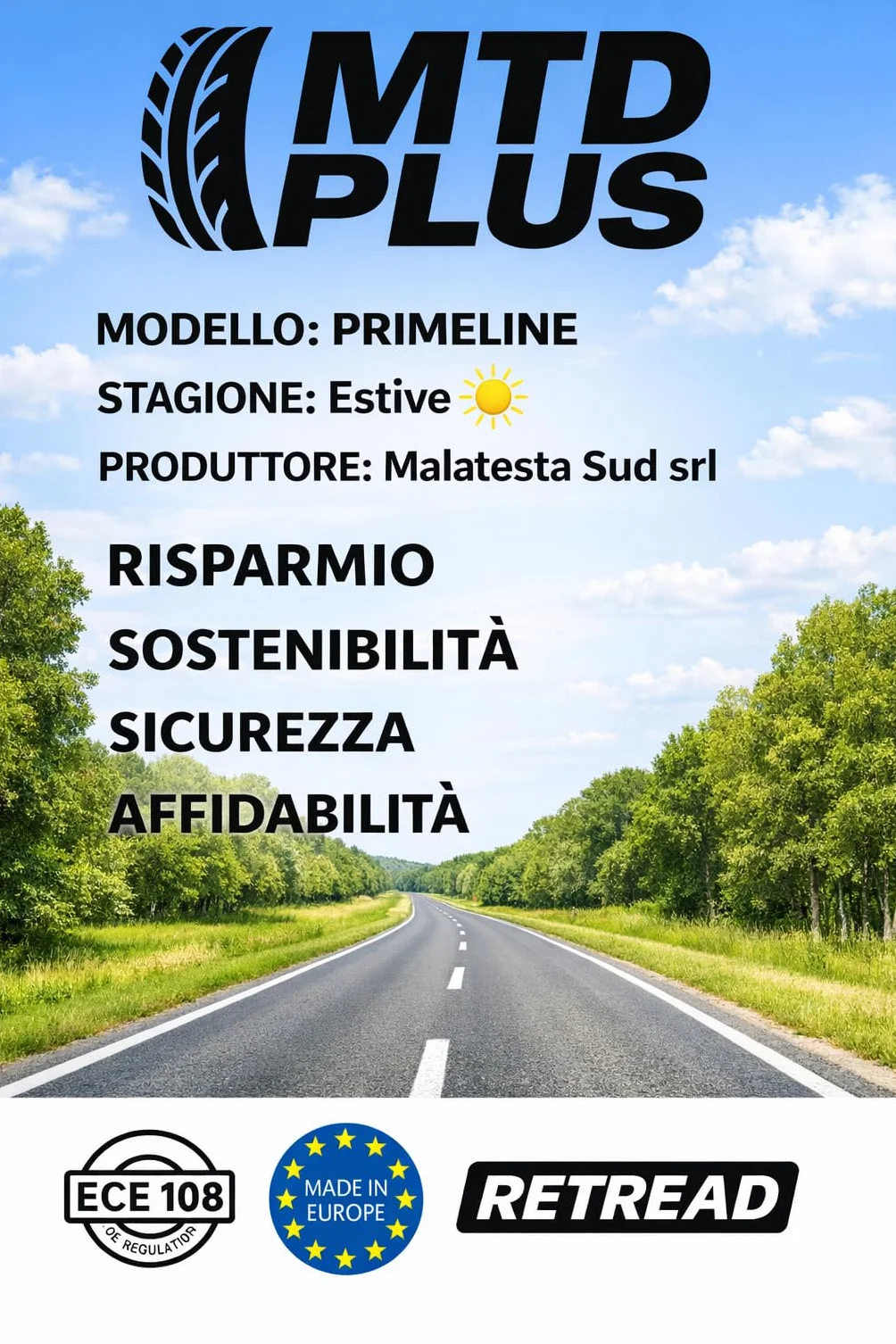 MTD PLUS Primeline 205 55 R16 91V – Pneumatico Estivo EcoGreen Low Cost per Auto, Aderenza Asciutto Bagnato, Bassa Rumorosità, Alto Chilometraggio - Made in Italy