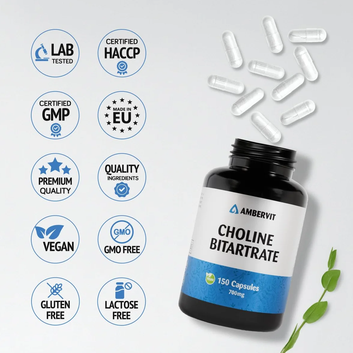 Colina Integratore 700mg 150 Capsule Bitartrato Alto Dosaggio Non-OGM Senza Glutine Ambervit