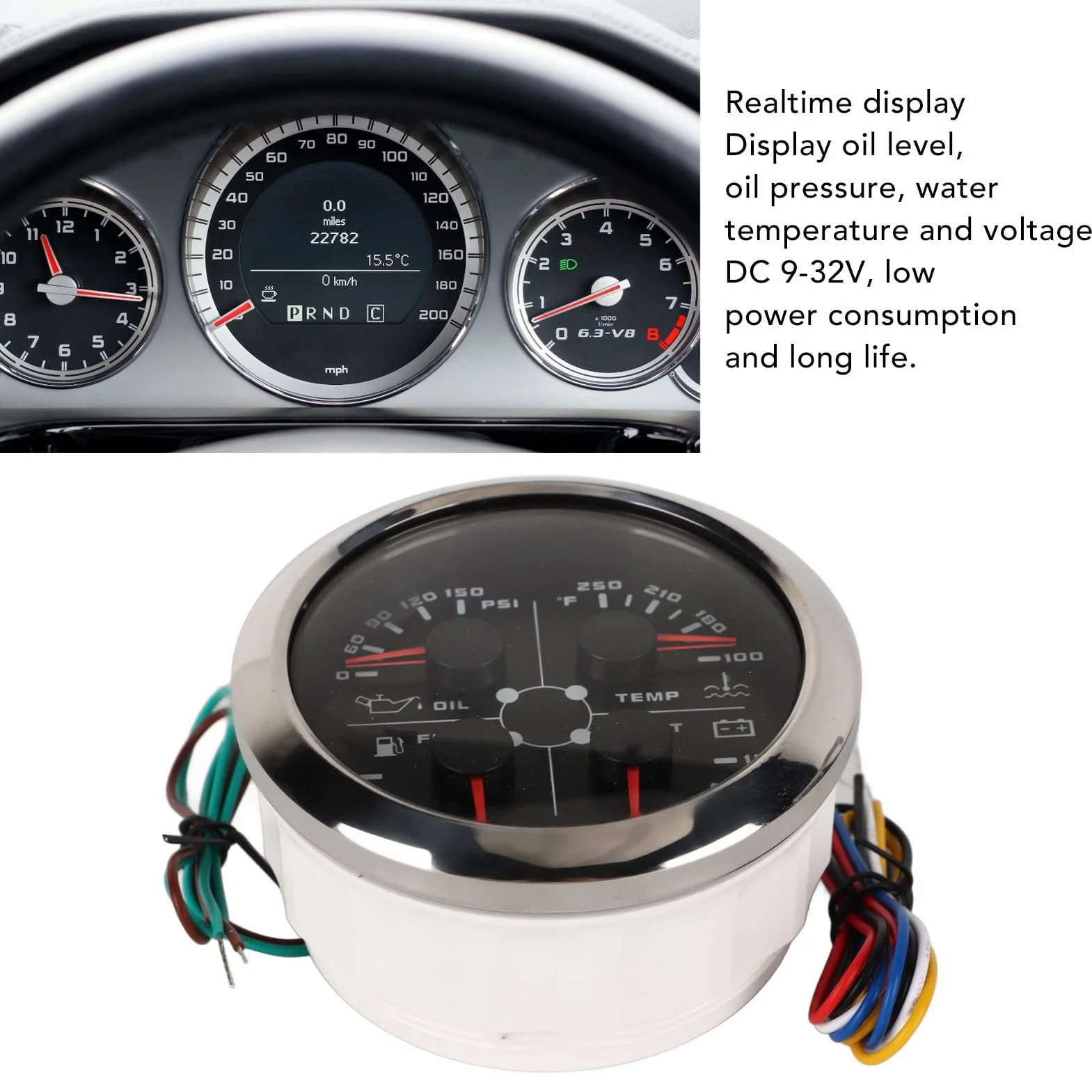 Keenso Indicatore Livello Carburante, 4in1 85mm Calibro Multifunzione Livello Carburante Pressione Olio Temperatura Acqua Voltmetro DC 9 a 32V per Auto RV Barca Moto (Nero °F/PSI)
