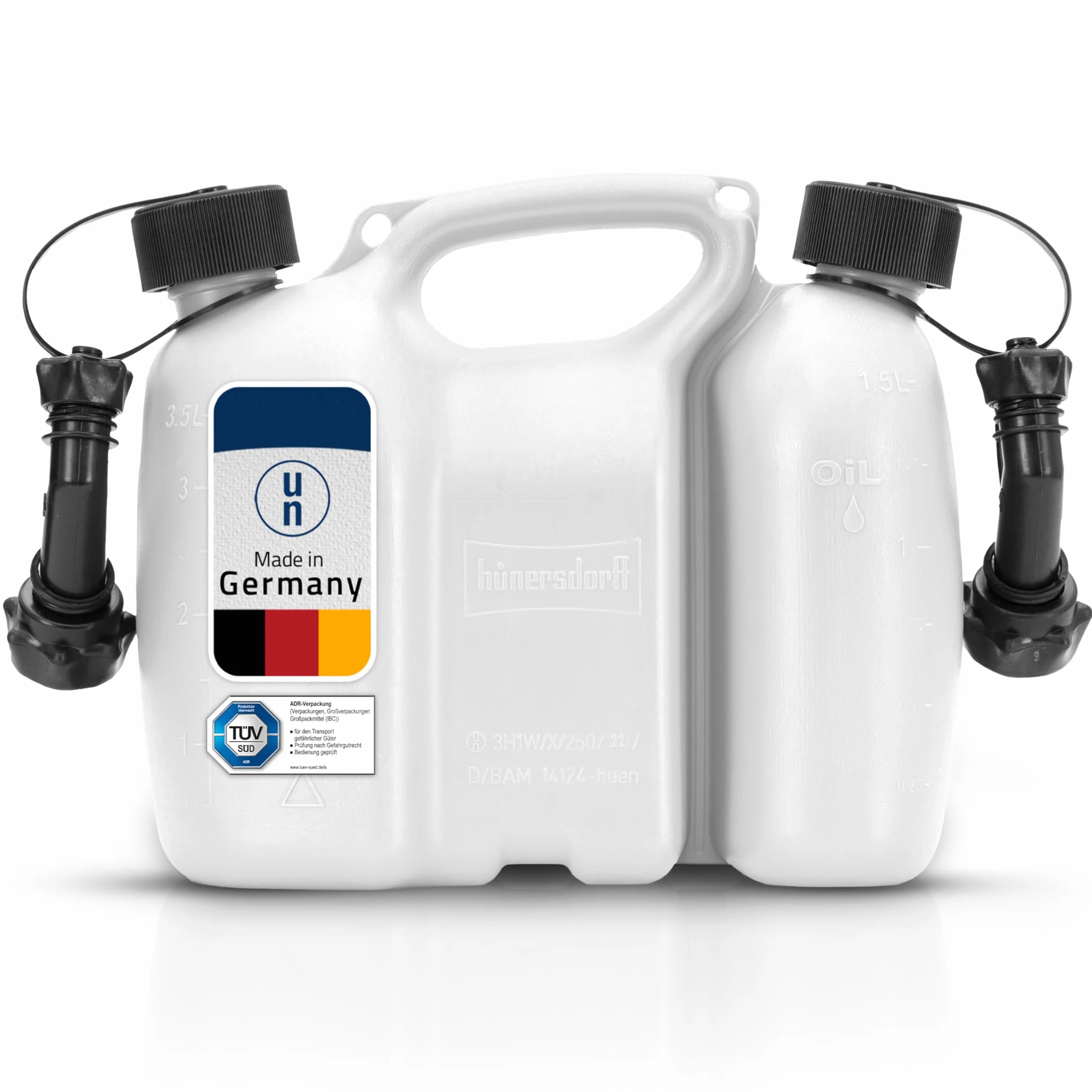hünersdorff Bidoni combinati per carburante ed olio 3+1,5 litri UN omologazione Made in Germany bianco
