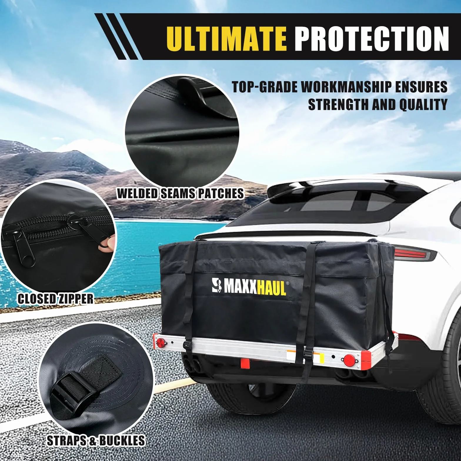 MAXXHAUL Borsa da Trasporto per Portapacchi 119 x 50 x 50 cm Resistente all’Acqua Fissaggio su Gancio Traino Nero