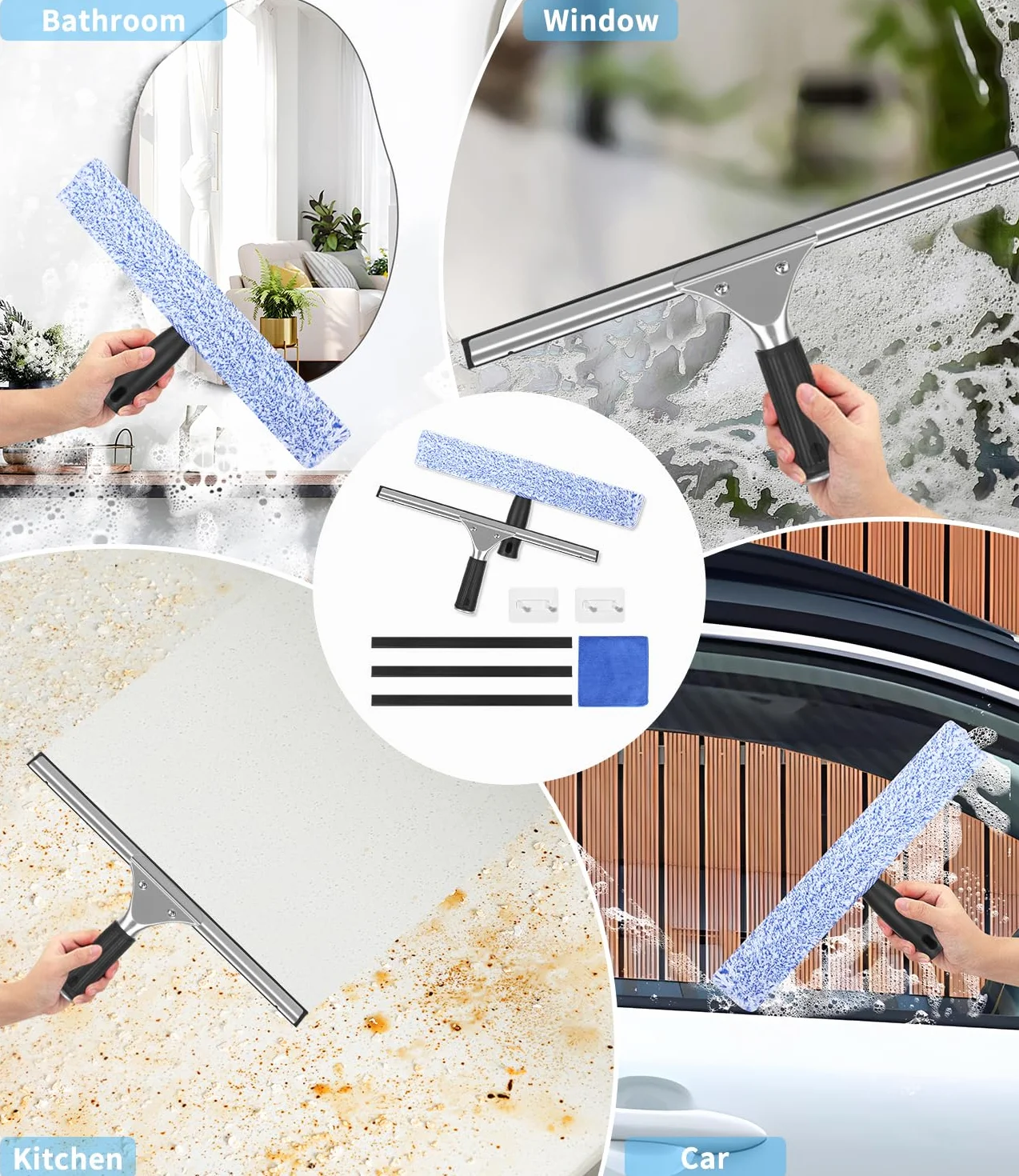 Kit Lavavetri Professionale 8 Pezzi, 35cm Tergivetro Acciaio Inox e Silicone, Pulizia Finestre con Ganci