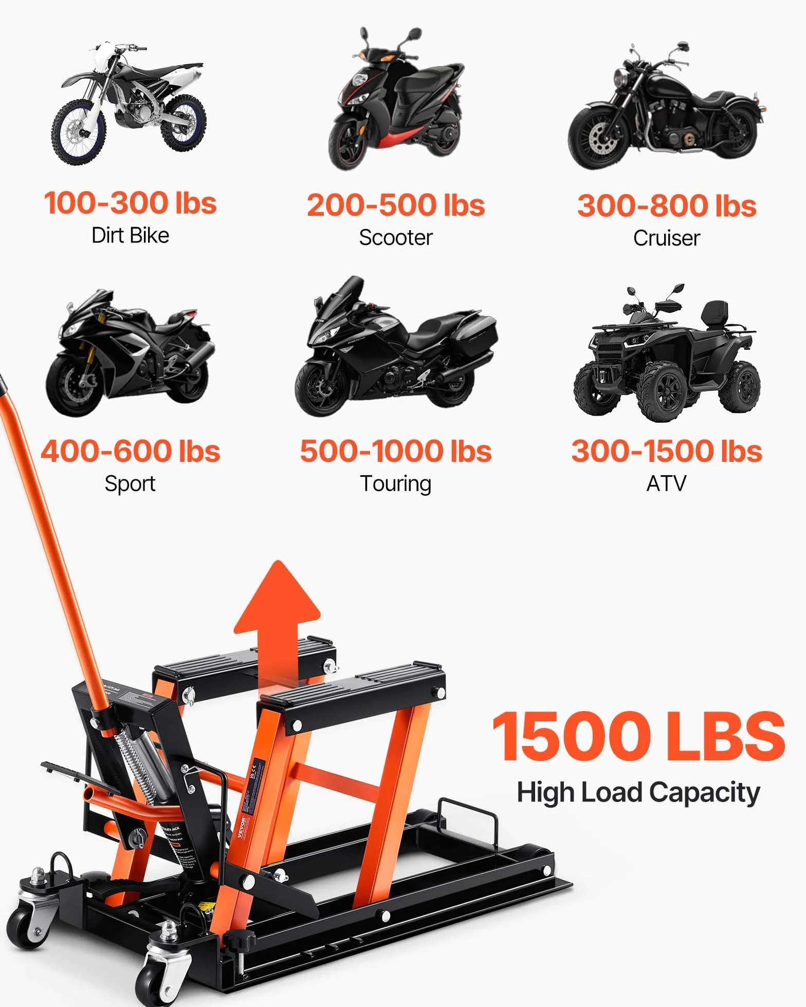 VEVOR Sollevatore Idraulico Moto Bici ATV da Officina 700kg Altezza Regolabile 12-38,5cm con Ruote