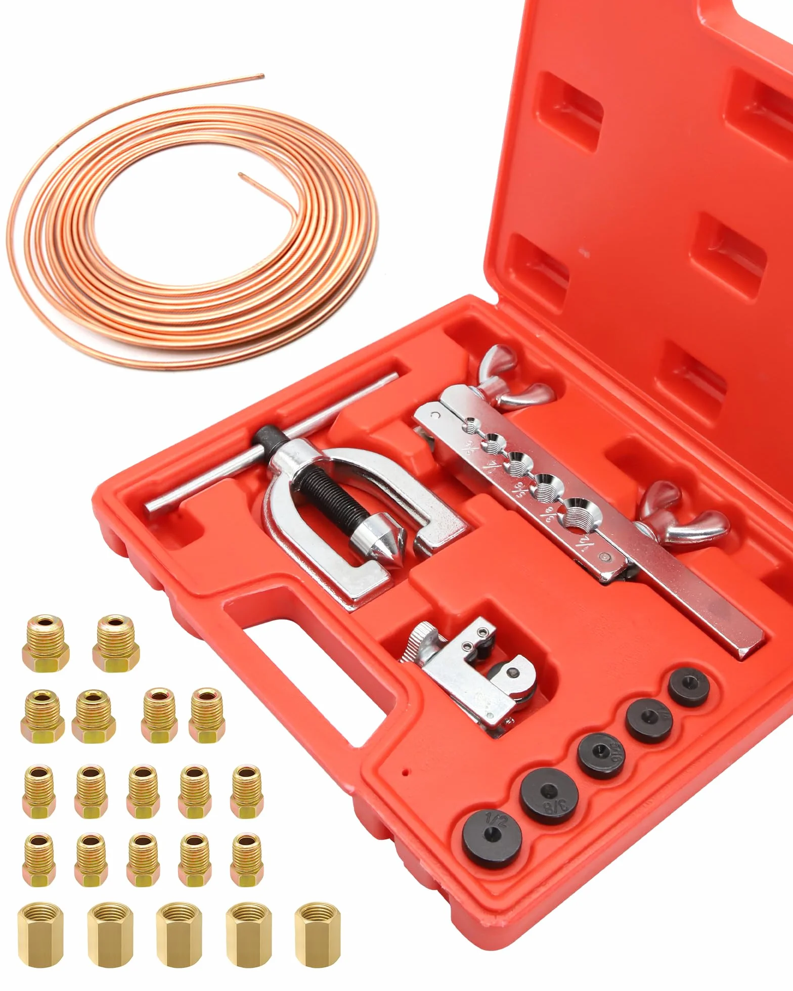 RUIZHI Attrezzi Svasatura Tubi Freno, Tubo Ø 4,75mm 7,62m, 21 Connettori, Taglierina Rame 3-28mm