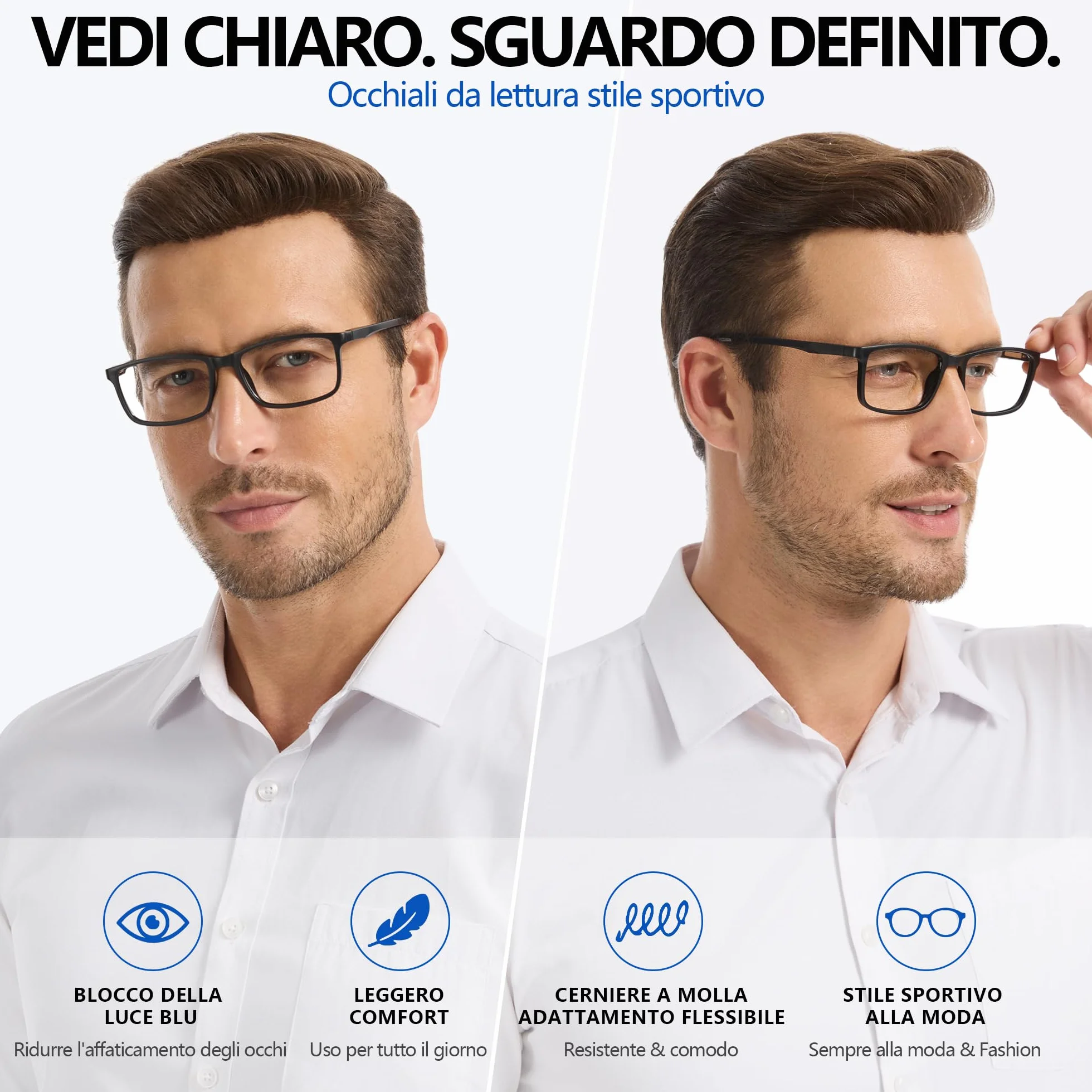 Occhiali da Lettura Anti-Luce Blu con Cerniere a Molla e Design Antiscivolo – 3 Paia